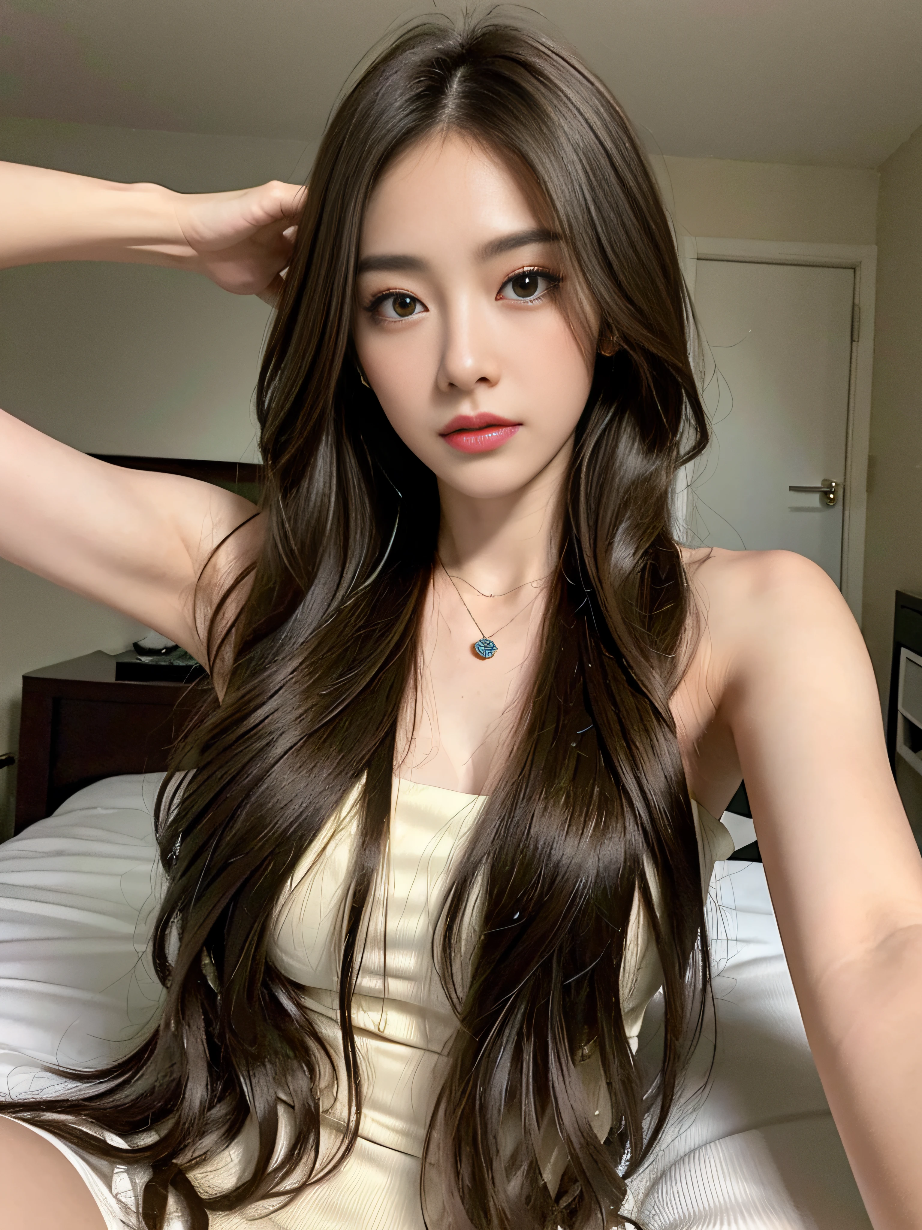 ((Realistic lighting、top-quality、8K、​masterpiece:1.3))、Clear focus:1.2、snfw:1.2,((nudde:1.3))、1girl in、perfectbodybeauty:1.4、Slim abs:1.1、dark-brown eyes、((dark brown hair、middlebreasts:1.2))、(Acceleration:1.4)、Slender face、on the beds、laying on back、Lying、Open your legs、Looking at the camera、(24 year old:1.3)、hyperdetailed face、A detailed eye、二重まぶた、a necklace、Bird's eye view