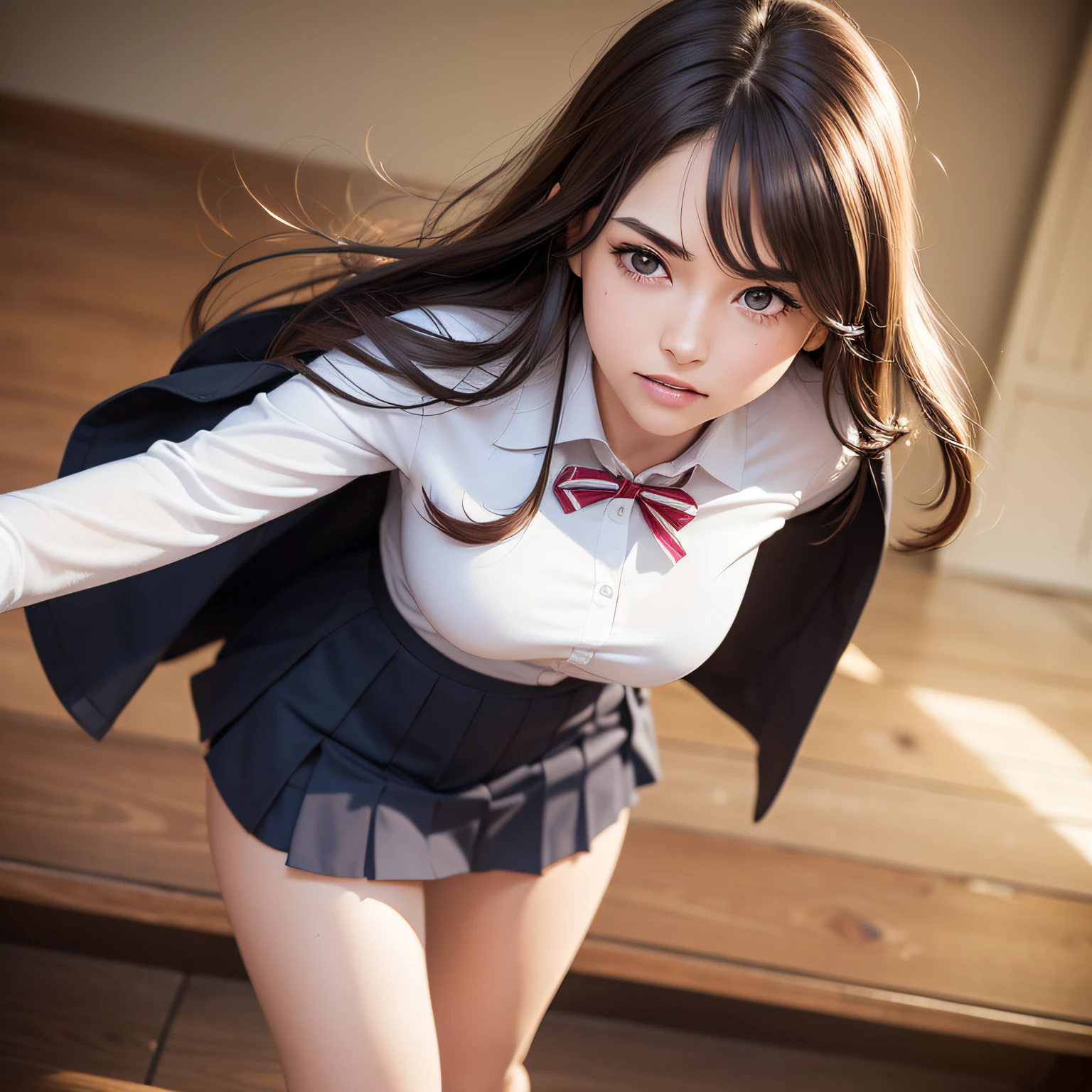 Create images with a sense of depth and three-dimensionality,(1womanl:1.2),(School uniform, 校服:1.5), Glowing skin, thighs thighs thighs thighs, (feeling of disgust,angry:1.2), detailed layered skirt armor, Analog 150mm lens、Beautiful Natural Soft Rim Light、 (masutepiece),((Ultra-detailed)), (High Definition CG Illustration), (Best Quality:1.2),realistic8K UHD, High Definition,(1girl in:1.2),high quality texture, Intricate details, Detailed texture, high detailing, extremely details CG, high quality shadow, realistic representation of face, Detailed beautiful delicate face, Detailed beautiful delicate eyes, brown eye pupil, A perfectly proportioned face, depth of fields, Cinematic Light, Lens Flare, Ray tracing,Perspective,20s, a prominent nose, Slender face, Tall Girl, (Big eyes:1.2),Blushing cheeks, Perfect body,(Narrow waist:1.3), (Lustrous skin), Solo Focus, (Brown hair), (finely detailed beautiful eyes and detailed face),(Detailed face), light source contrast, Loose and fluffy curls Long hair, ((evil_smile),(pureerosface_v1:0.5) ,Dutch Angle,Good anatomy),Dynamic Pose, actionpose, open pose, Dynamic Angle,