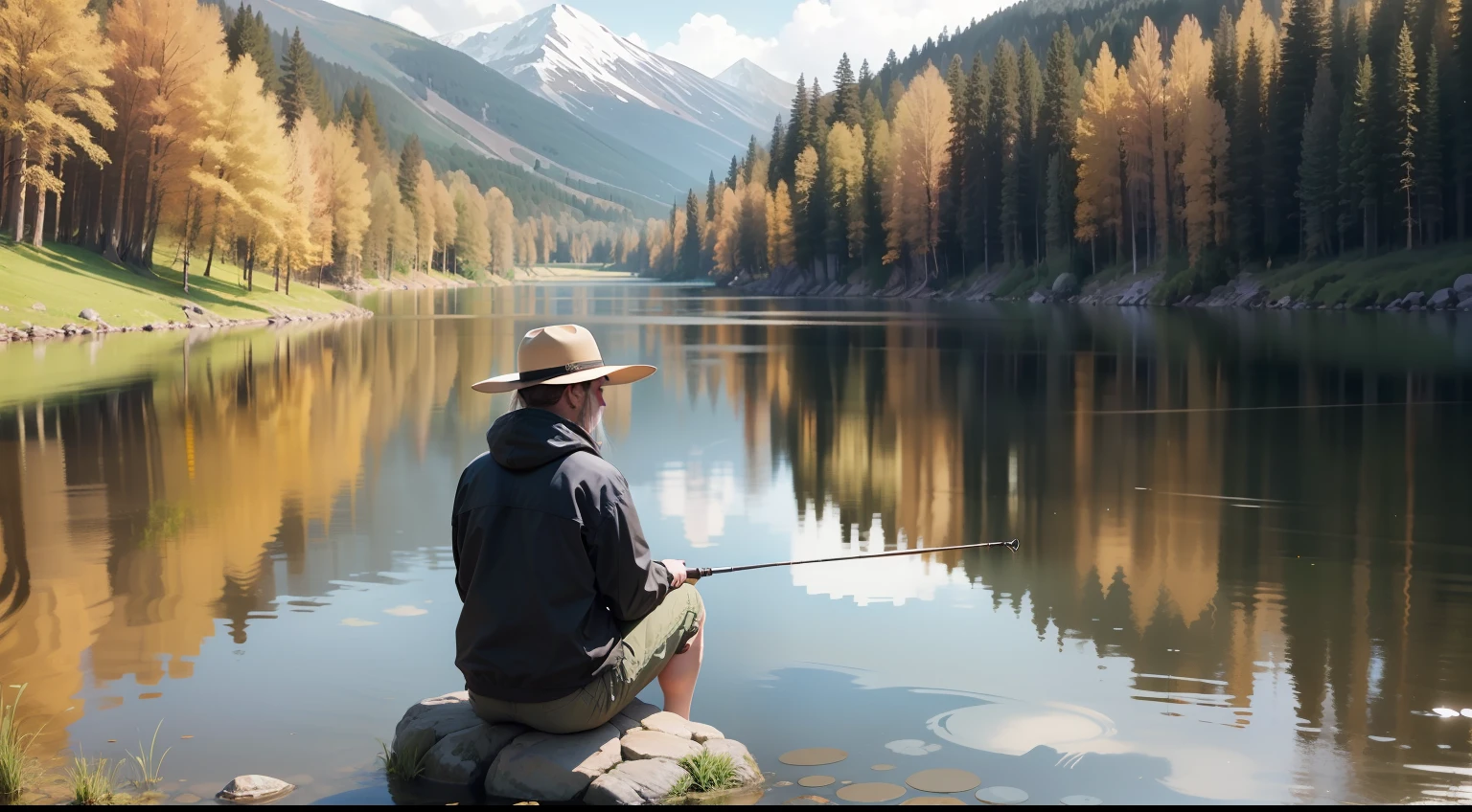 Alafi sits on a rock by the lake,Hold the fishing rod, sitting at a pond, sentado em frente a um lago, Fishing, is playing happily, people angling at the edge, Lake environment, sittinng on the river, photo taken with provia, Colorado, is playing happily, mirror lake, on the lake, gazing at the water