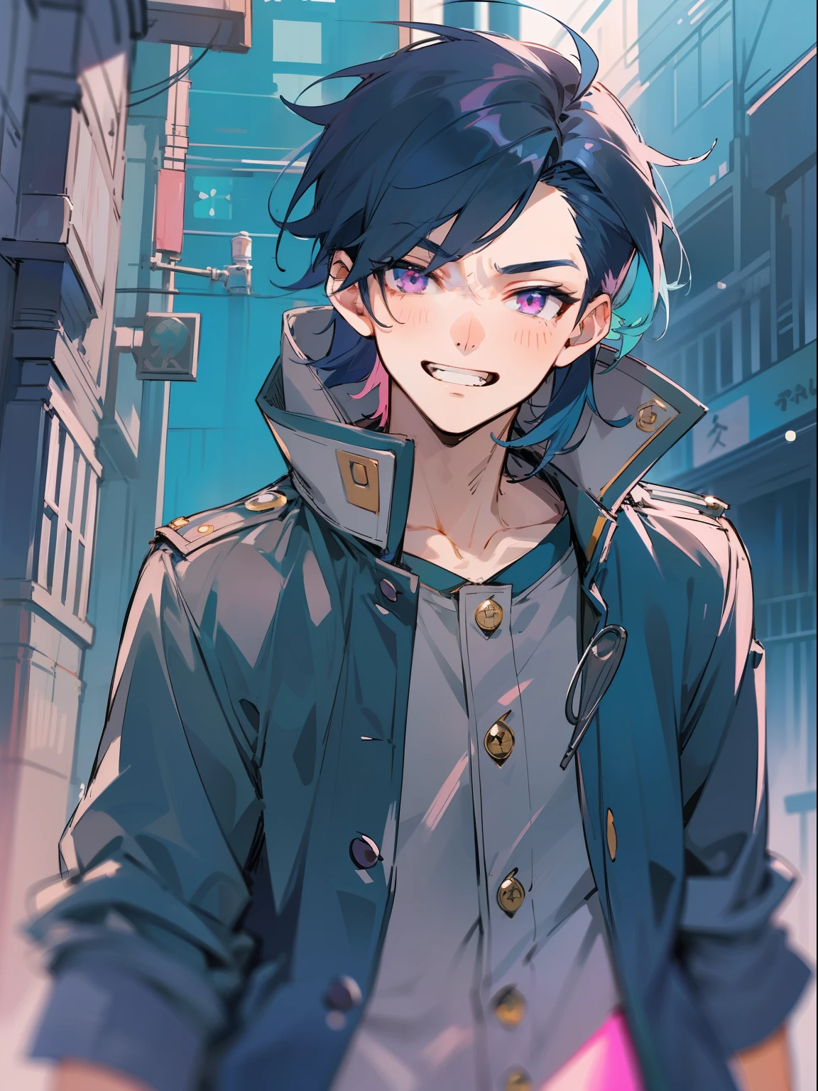 Ultra Detail,Haig Quality,sketch,1boy,matured male,Beautiful face,(navy blue hair,outside hair:1.3),Handsome men,Pearl skin,black T shirt,moss green mods coat,Dynamic Angle,Japan Anime,pink eyes,laugh,like a cat eyes,city