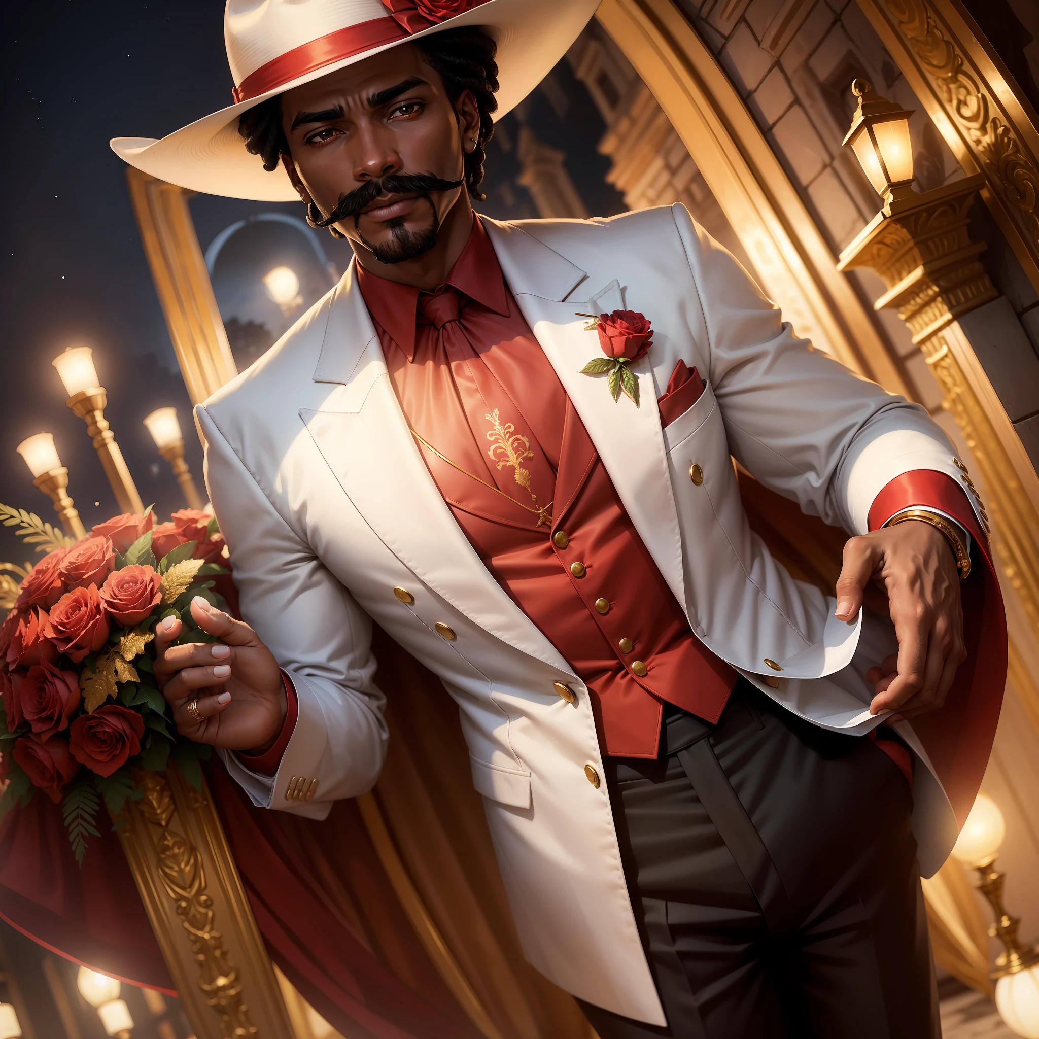 Homem negro com bigode , White suit red tie rings with a golden lion white fedora hat with red ribbon carnation on lapel scenery Lapa arches on full moon night