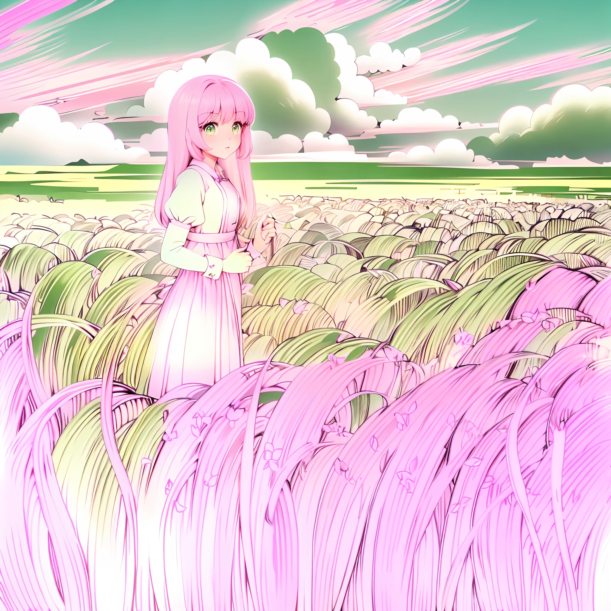 a digital anime art of a woman standing in a field of tall grass, ((green grass)), pink clouds, blue sky, grey eyes, white dress
