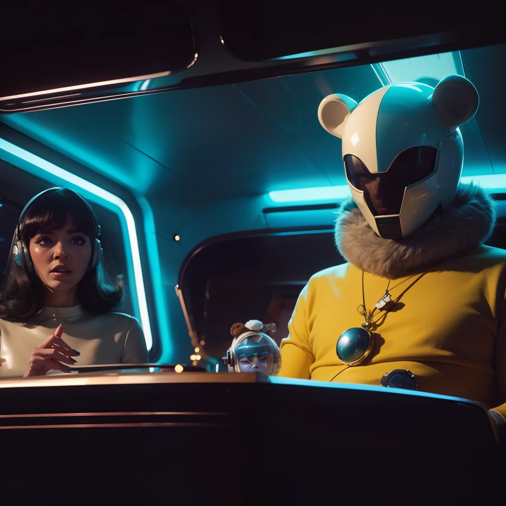 4k image from a 1960s science fiction film, Imagem do filme de Stanley Kubrick, pastels colors, Students with alien accessories and a woman with a transparent bear mask are wearing retro-futuristic fashion clothes and futuristic ornaments and technological devices in the antique car, Luz Natural, cinemactic, Psicodelia, retro-futurista,