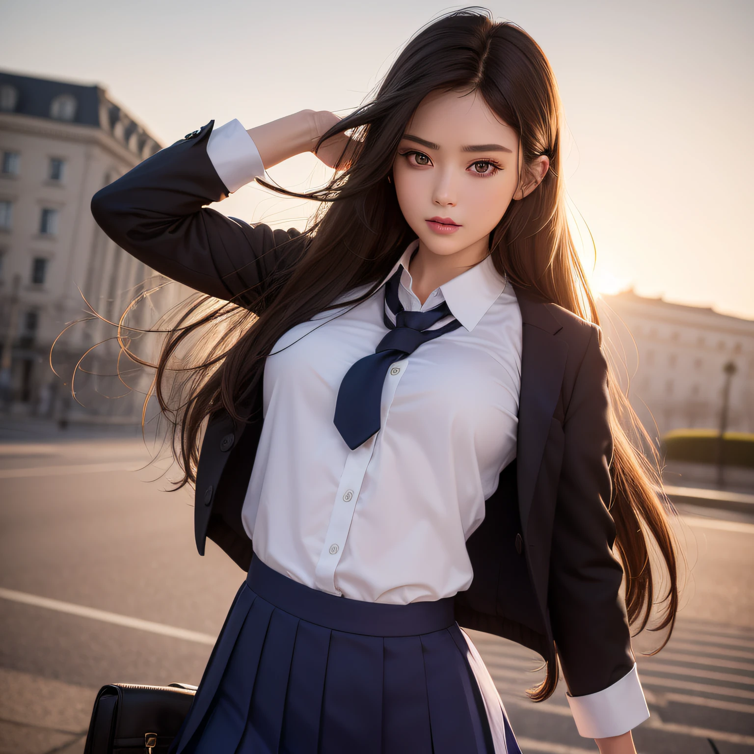Create images with a sense of depth and three-dimensionality,(1womanl:1.2),(School uniform, 校服:1.5), Glowing skin, thighs thighs thighs thighs, (feeling of disgust,angry:1.2), detailed layered skirt armor, Analog 150mm lens、Beautiful Natural Soft Rim Light、 (masutepiece),((Ultra-detailed)), (High Definition CG Illustration), (Best Quality:1.2),realistic8K UHD, High Definition,(1girl in:1.2),high quality texture, Intricate details, Detailed texture, high detailing, extremely details CG, high quality shadow, realistic representation of face, Detailed beautiful delicate face, Detailed beautiful delicate eyes, brown eye pupil, A perfectly proportioned face, depth of fields, Cinematic Light, Lens Flare, Ray tracing,Perspective,20s, a prominent nose, Slender face, Tall Girl, (Big eyes:1.2),Blushing cheeks, Perfect body,(Narrow waist:1.3), medium breasts⁩, Distinct_image, high_resolution, (Lustrous skin), Solo Focus, (Brown hair), (finely detailed beautiful eyes and detailed face),(Detailed face), light source contrast, Loose and fluffy curls　Long hair, ((evil_smile)), (pureerosface_v1:0.5) ,Dutch Angle,Good anatomy),Dynamic Pose, actionpose, open pose, Dynamic Angle,