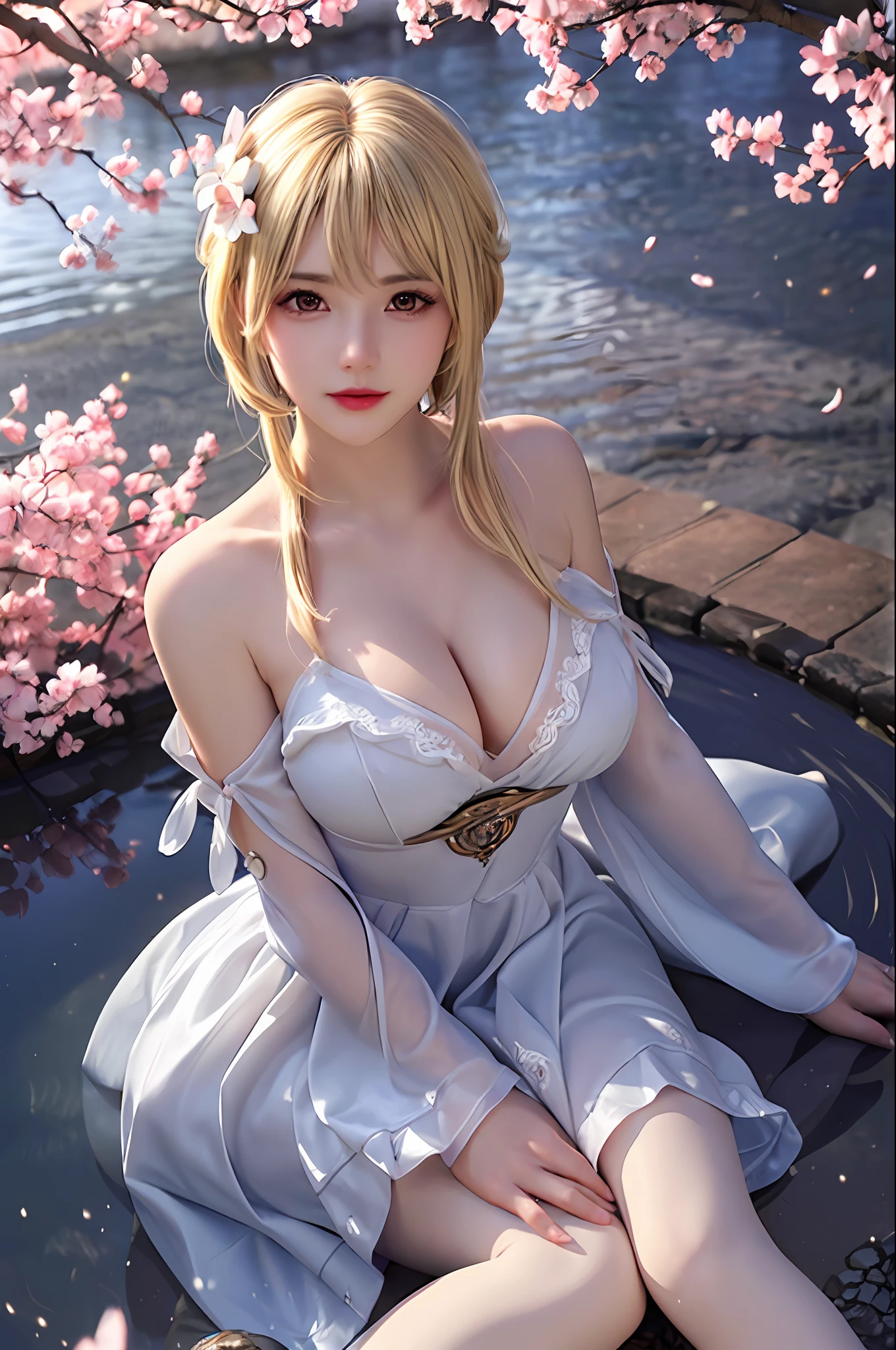 delicated best quality ,masterpiece, illustration, an extremely delicate and beautiful, extremely detailed ,CG ,unity ,8k wallpaper, Amazing, finely detail, masterpiece,best quality,official art,extremely detailed CG unity 8k wallpaper, absurdres, incredibly absurdres, huge filesize , ultra-detailed, highres, extremely detailed,beautiful detailed girl, extremely detailed eyes and face, beautiful detailed eyes,light on face,1girl, (lumine/genshin impact), (Super realistic), , (((blonde hair))), (two side curls), ((shoulder-length hair), (Women's short hair messed up at the tail), (yellow eyes), (Detailed description of the eye), ((hair jewelry)), (((describe the arm in detail))), ((charming lingerie)), (((Super boobs))), (saggy breasts), ((Big ass)), ((thighs)), ((Plump body)), (Big breasts), ((Plump boobs)),, (detailed description of hair), jewelry, (gem earrings), ((upper body)), (Bare shoulder), ((collarbone)), ((off shoulder)), (Shiny skin), (Detailed description of eyes), (detailed description of face), (detailed description of body), (white and translucent skin), peerless beauty, (extreme beauty), (red lips), (shy ), ( smile), (facing the viewer), ((facing)), (((cherry blossom))), (falling petal), (((cherry blossom))), (falling petal), (sexy lingerie), ((long sleeves)), (princess wedding dress1.6), (revealing clothes), ((wide sleeves)), (thin silk), (penetration), ((Lying on the shore of a lake full of cherry blossom), (She sits gracefully by the tranquil cherry blossom lake, her feet playing in the water, bathed in the soft glow of the moonlight), the water surface is reflective, (every pose), ((There is a lot of water on the body))