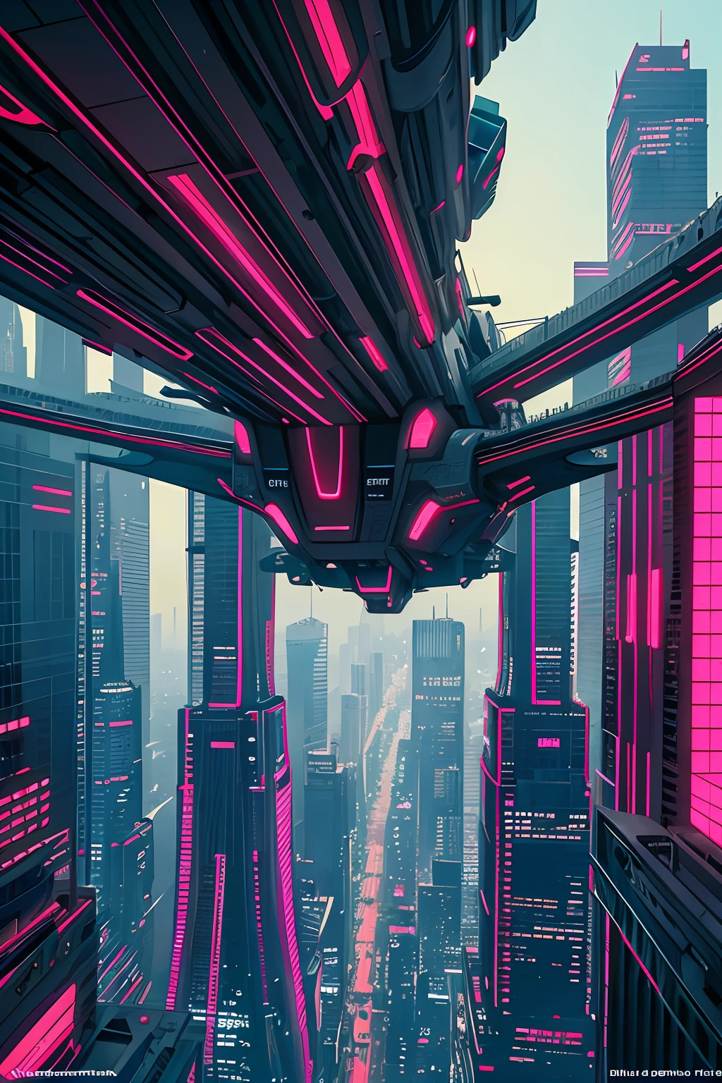 (masterpiece, top quality, best quality, official art, beautiful and aesthetic:1.2),In a futuristic cyberpunk city, where towering skyscrapers pierce the smog-filled skies, a lone figure stands on the edge of a precipice. From this vantage point, the city spreads out beneath them in all its neon-lit glory. The upside-down shot reveals the intricate details of the CGI cityscape, with its bustling streets, soaring architecture, and bustling activity. As the figure looks down, a sleek, high-tech flying car whizzes by, leaving a trail of illuminated exhaust in its wake. Capture the essence of this captivating scene through cool photos that highlight the juxtaposition between the sprawling cyberpunk city and the cutting-edge technology of the flying car. , extreme detailed,(fractal art:1.3),colorful,highest detailed