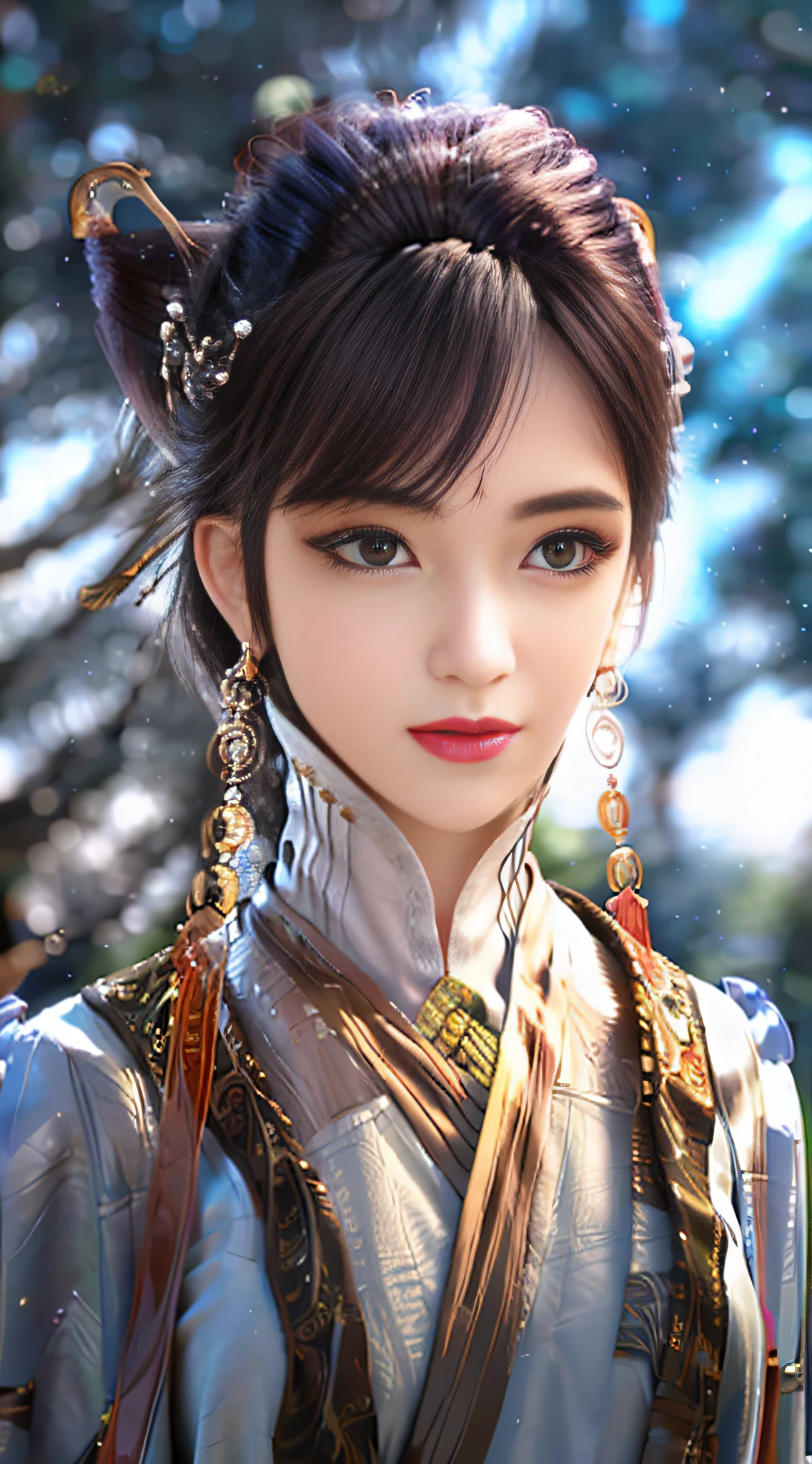 A woman with a ponytail, wearing a video game character costume with ponytails and ponytails, (1girl: 0.997), (blurry: 1.000), (blurry background: 1.000), (blurry foreground: 0.999), (bokeh: 0.831), (brown hair: 0.880), (Hanfu: 0.894), (depth of field: 1.000), (earrings: 0.984), (hair accessories: 0.984), (hair accessories: 0.947) ), (hair stick: 0.888), (accessories: 0.968), (lips: 0.863), (lipstick: 0.688), (makeup: 0.635), (motion blur: 0.936), (nose: 0.769), (outdoor: 0.571), (solo: 0.940)