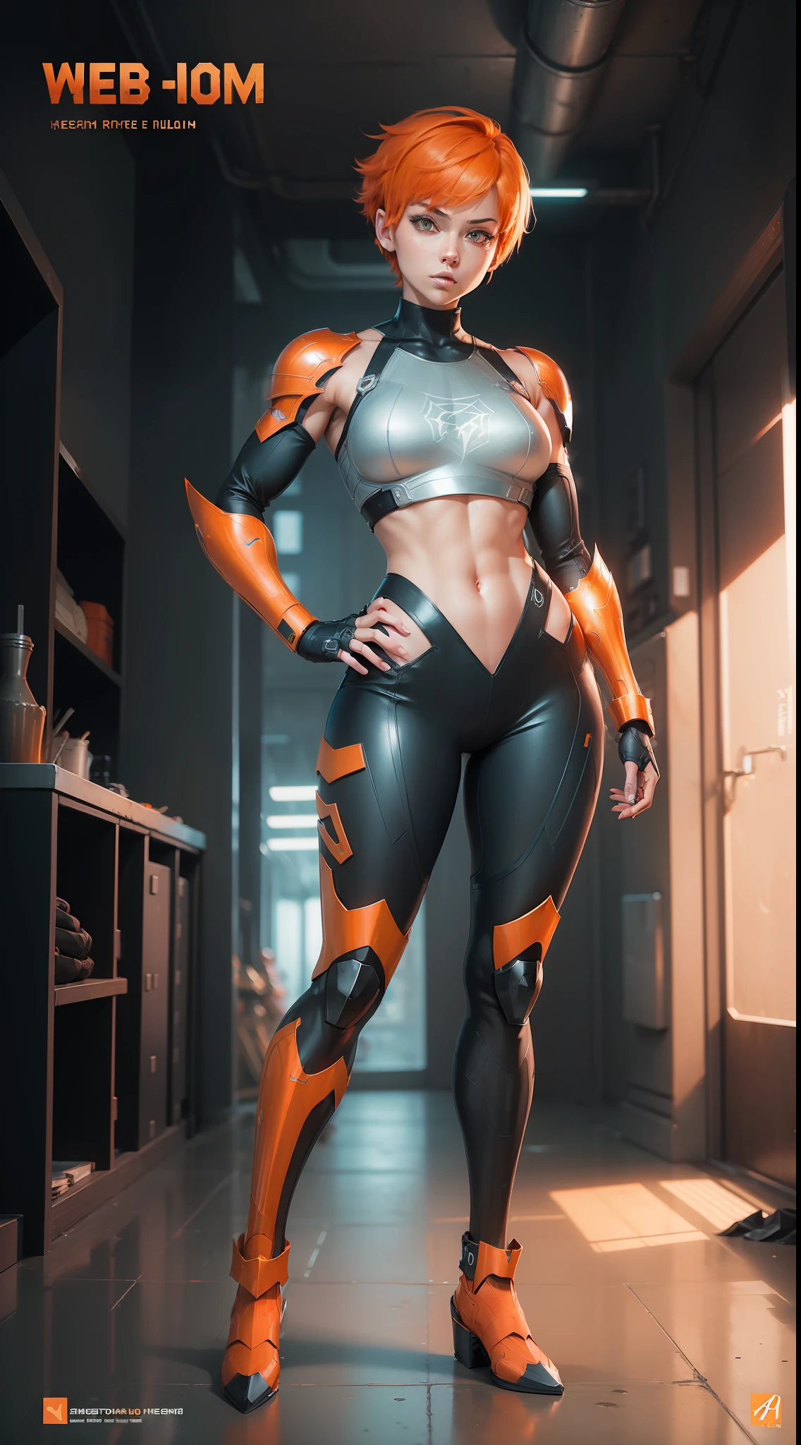 ((((Webtoon style)))), ((((Character description)))) girl in steel armor ultra futuristic, short orange hair, Russian, full body, casual pose], [Ultra mega hyper ripped muscles]