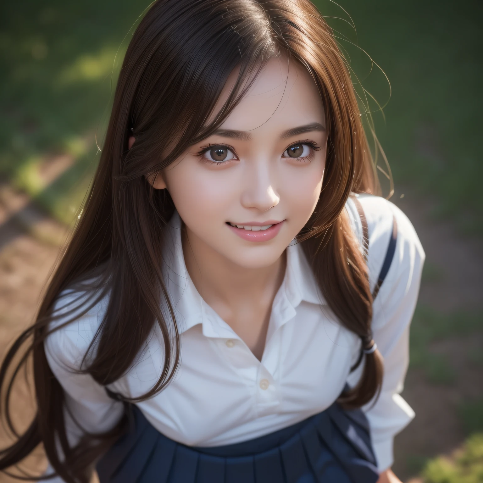 Create images with a sense of depth and three-dimensionality,(1womanl:1.2),(School uniform, 校服:1.5), Glowing skin, thighs thighs thighs thighs, (feeling of disgust,angry:1.2), detailed layered skirt armor, Analog 150mm lens、Beautiful Natural Soft Rim Light、 (masutepiece),((Ultra-detailed)), (High Definition CG Illustration), (Best Quality:1.2),realistic8K UHD, High Definition,(1girl in:1.2),high quality texture, Intricate details, Detailed texture, high detailing, extremely details CG, high quality shadow, realistic representation of face, Detailed beautiful delicate face, Detailed beautiful delicate eyes, brown eye pupil, A perfectly proportioned face, depth of fields, Cinematic Light, Lens Flare, Ray tracing,Perspective,20s, a prominent nose, Slender face, Tall Girl, (Big eyes:1.2),Blushing cheeks, Perfect body,(Narrow waist:1.3), medium breasts, Distinct_image, high_resolution, (Lustrous skin), Solo Focus, (Brown hair), (finely detailed beautiful eyes and detailed face),(Detailed face), light source contrast, Loose and fluffy curls Long hair, ((evil_smile)), (pureerosface_v1:0.5) ,Dutch Angle,Good anatomy),Dynamic Pose, actionpose, open pose, Dynamic Angle,