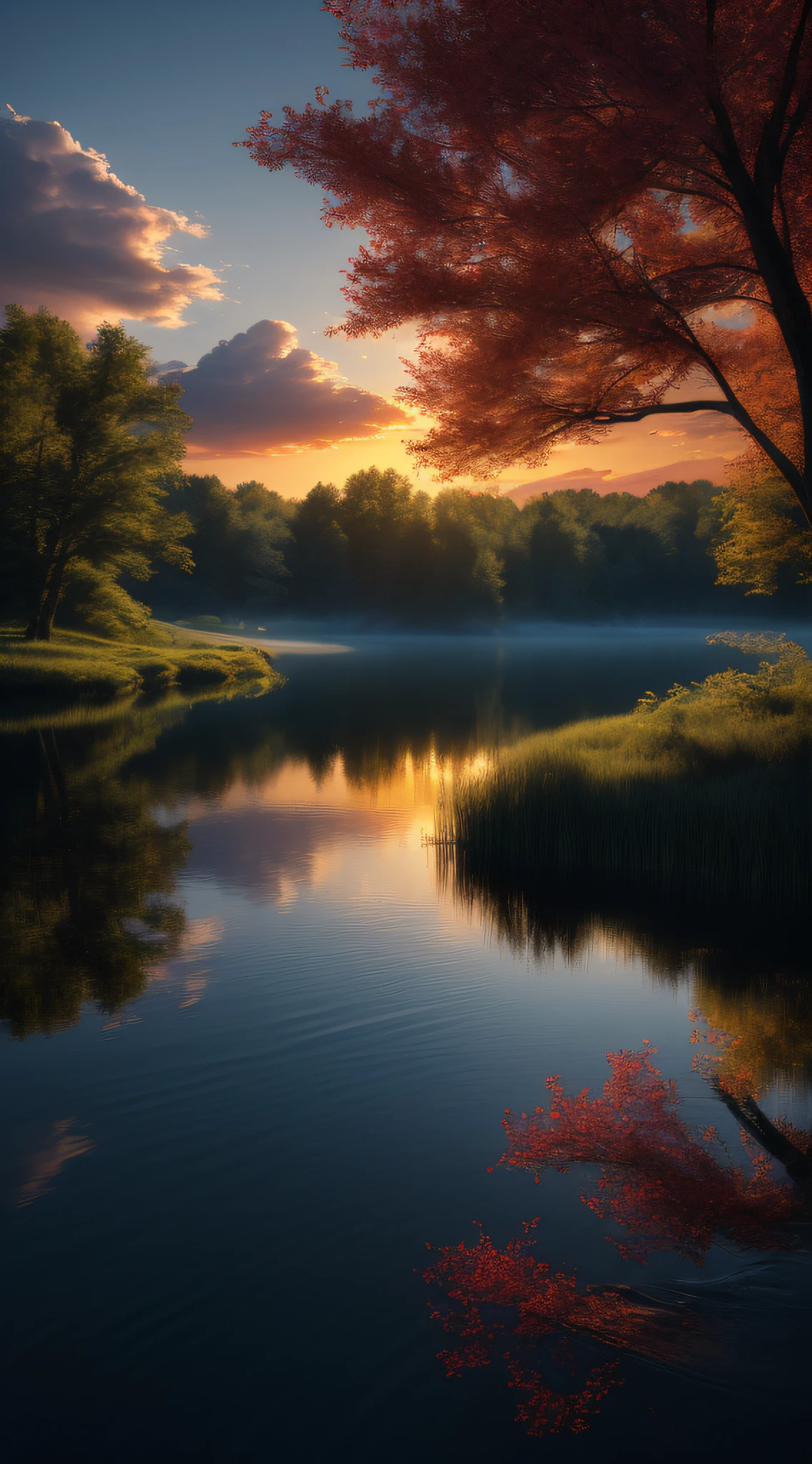 wallpaper, summer, lake, dawn, forest, detailed forest, clouds, masterpiece, cinematic, soft light, depth of field, ray tracing, reflection in water, realism, ulra detailed,
