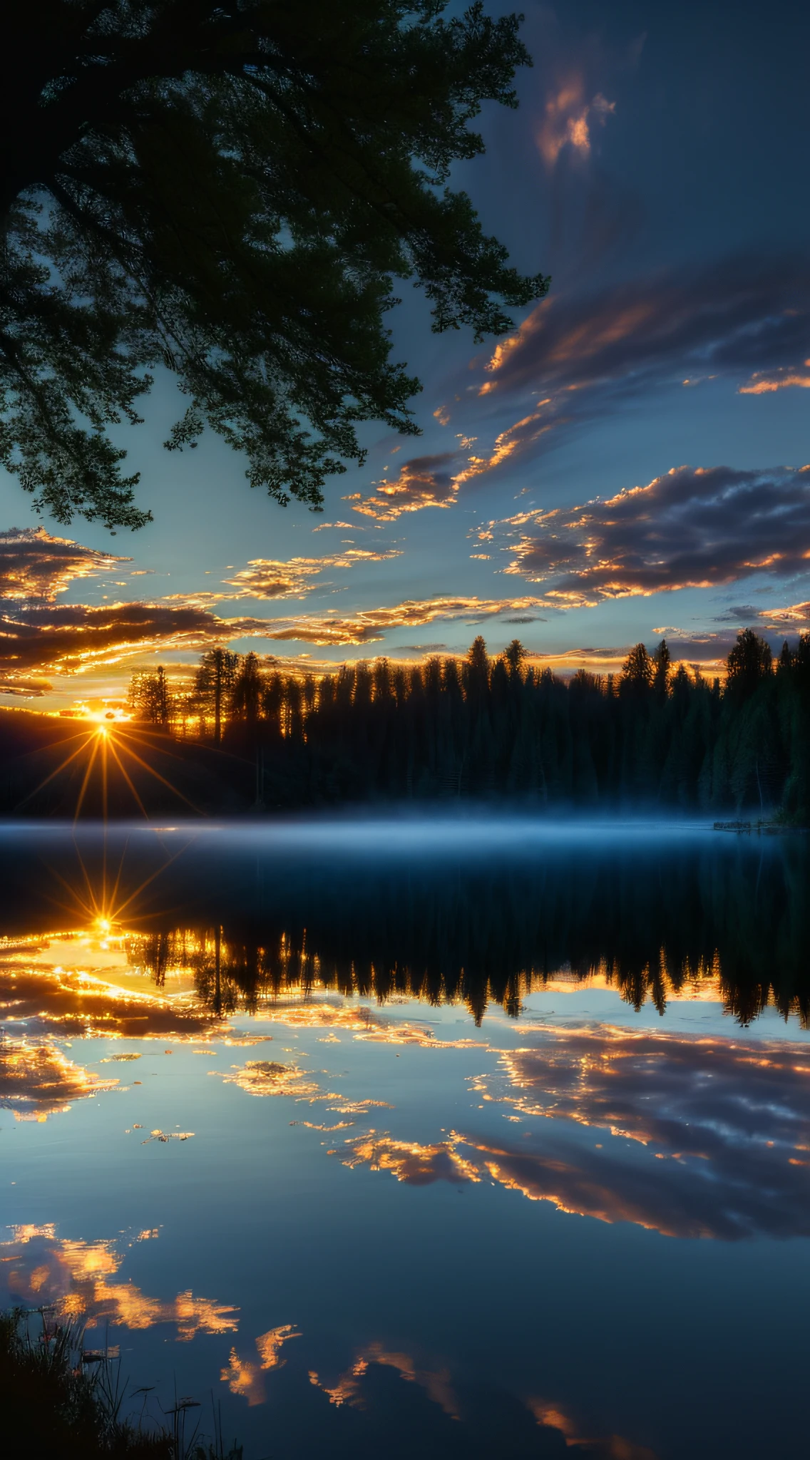 wallpaper, summer, lake, dawn, forest, detailed forest, clouds, masterpiece, cinematic, soft light, depth of field, ray tracing, reflection in water, realism, ulra detailed,
