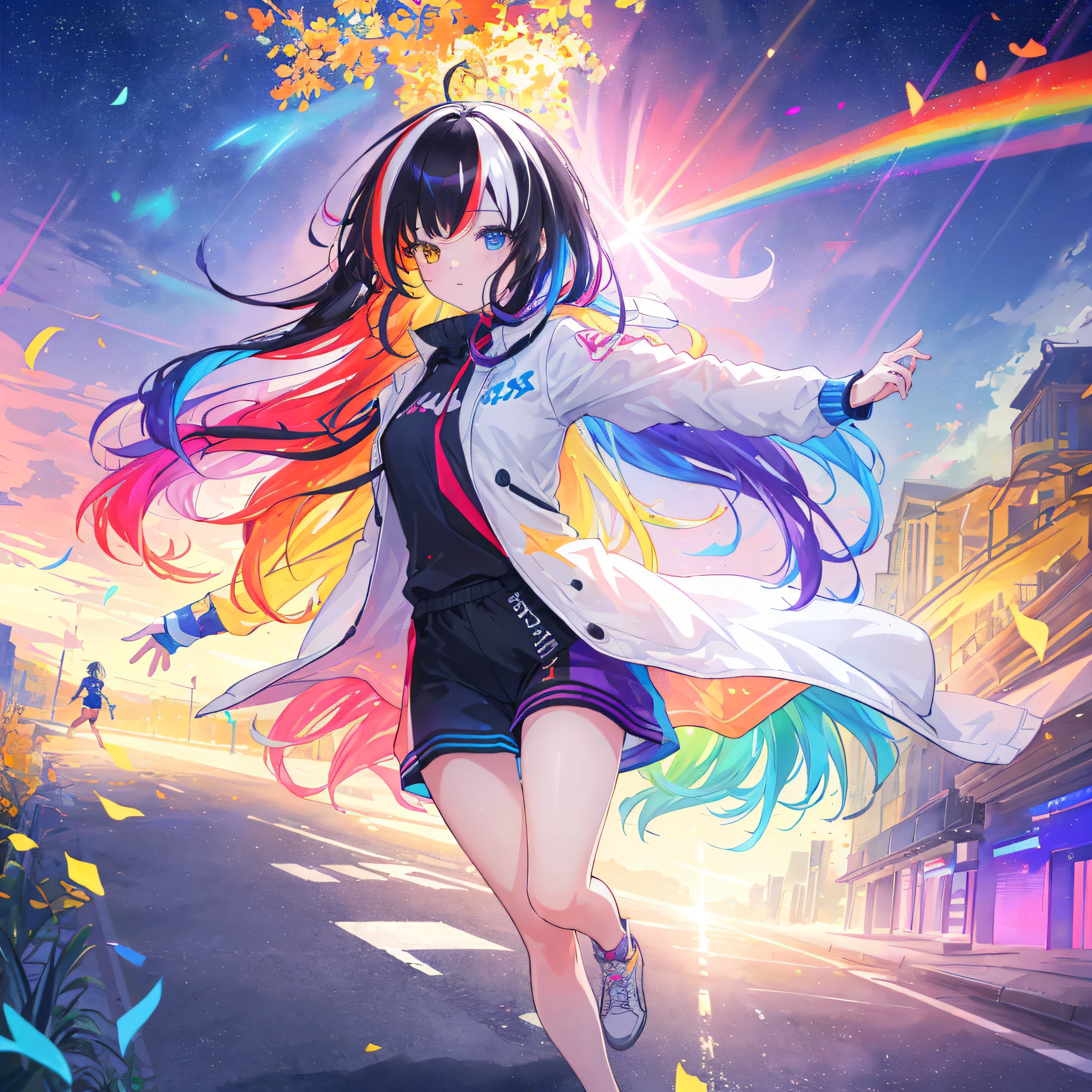 A girl running and sprinting,{{masterpiece}},best qualtiy,Extremely detailed CG unity 8k wallpaper,电影灯光,lens flare glow,beatiful detailed eyes,full bodyesbian,rainbowing,multicolour hair,Colored light particles, Heterochromia, (colorful:1.5), (colorful hair:1.5),