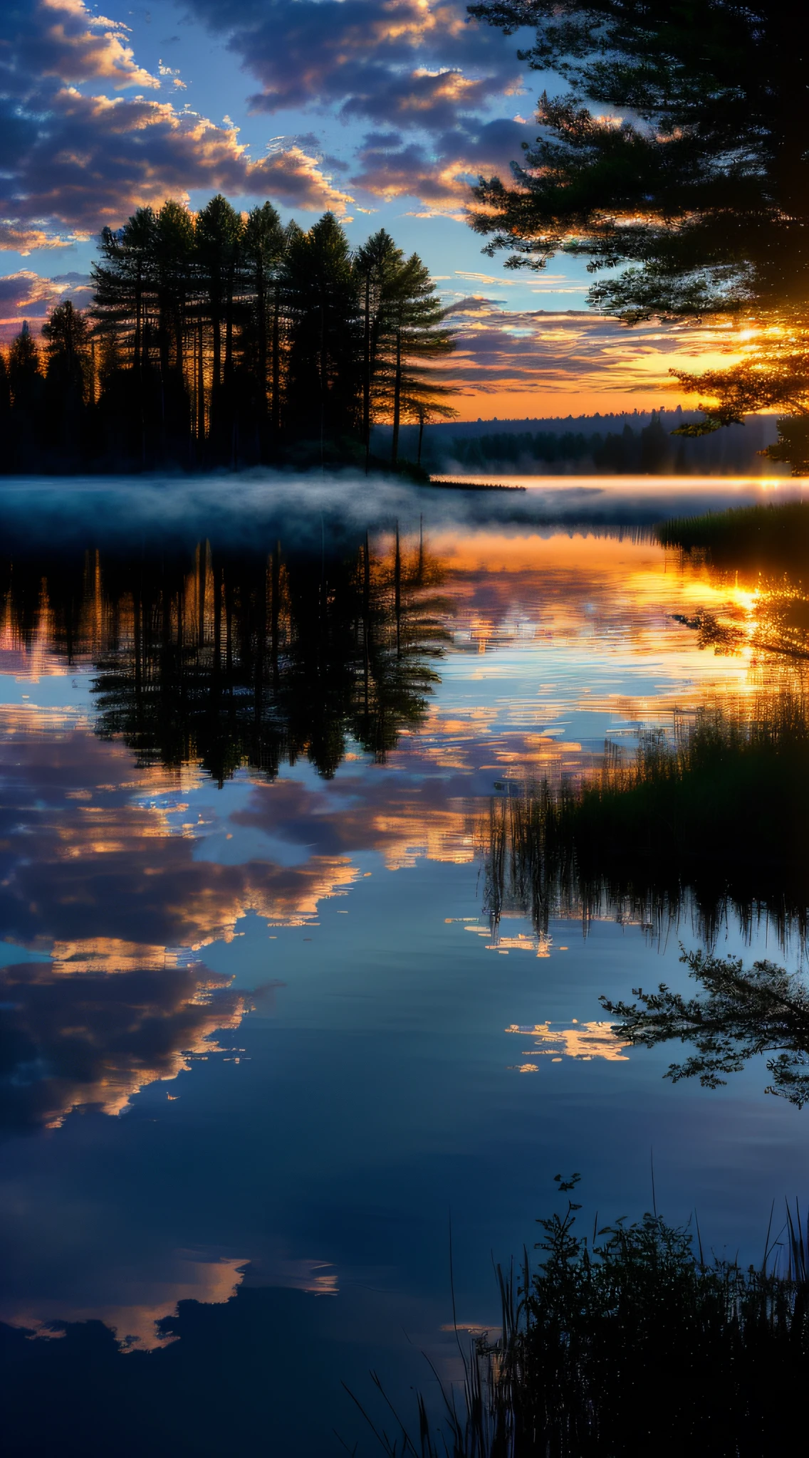 wallpaper, summer, lake, dawn, forest, detailed forest, clouds, masterpiece, cinematic, soft light, depth of field, ray tracing, reflection in water, realism, ulra detailed,