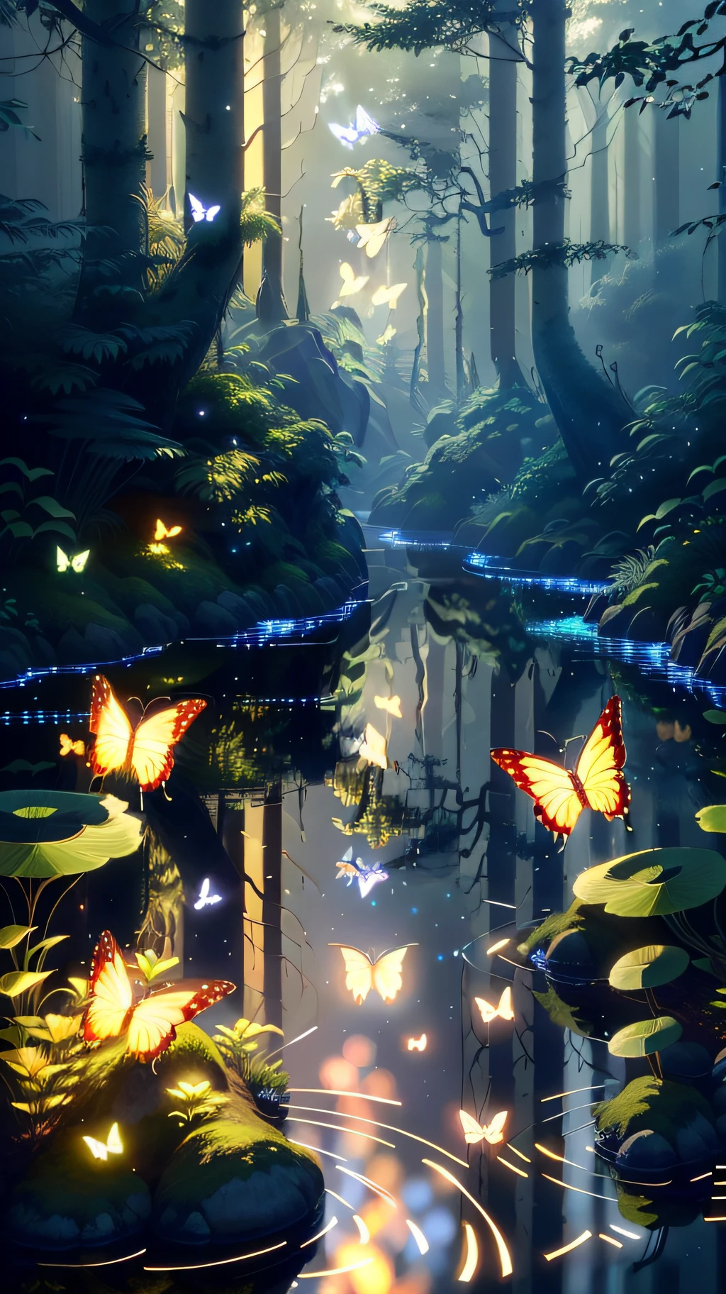 A masterpiece, the best quality, stunning reflections, the best reflections ever. (very detailed CG unity 8k wallpapers), (best quality), (best illustrations), (best shadows), forest theme with natural elements. Tall trees, quiet streams, small glowing mushrooms surrounded by delicate leaves and branches, with fireflies and glowing particle effects,, (natural elements), (jungle theme), (leaves), (twigs), (fireflies), butterflies, (delicate leaves), (glow), (particle effects). , Isometric 3D, Octane Rendering, Ray Traced, Super Detailed