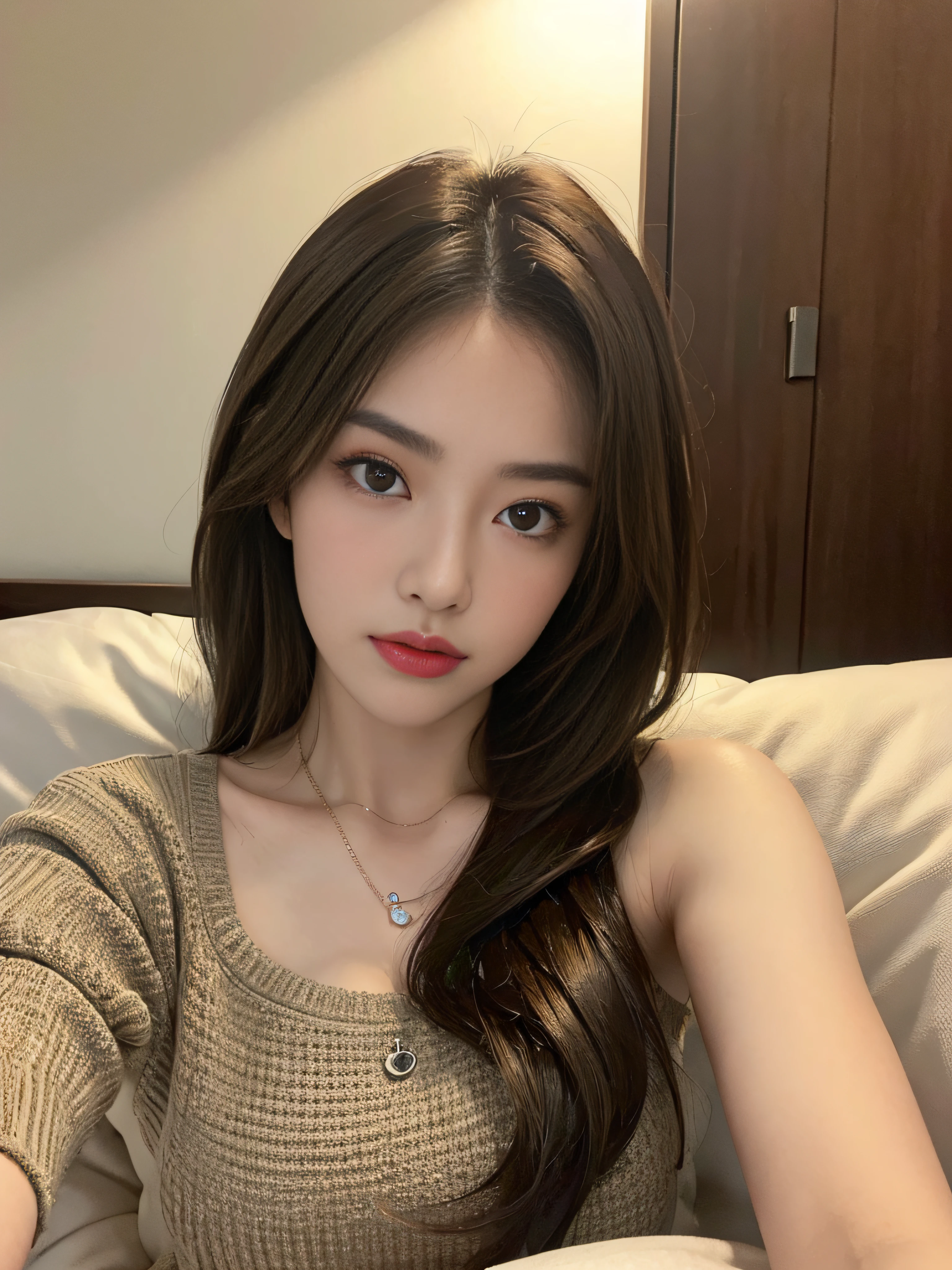 ((Realistic lighting、top-quality、8K、masterpiece:1.3))、Clear focus:1.2、snfw:1.2,((nudde:1.3))、1girl in、perfectbodybeauty:1.4、Slim abs:1.1、dark-brown eyes、((dark brown hair、middlebreasts:1.2))、(Acceleration:1.4)、Slender face、on the beds、laying on back、Lying、Open your legs、Looking at the camera、(24 year old:1.3)、hyperdetailed face、A detailed eye、二重まぶた、a necklace、Bird's eye view