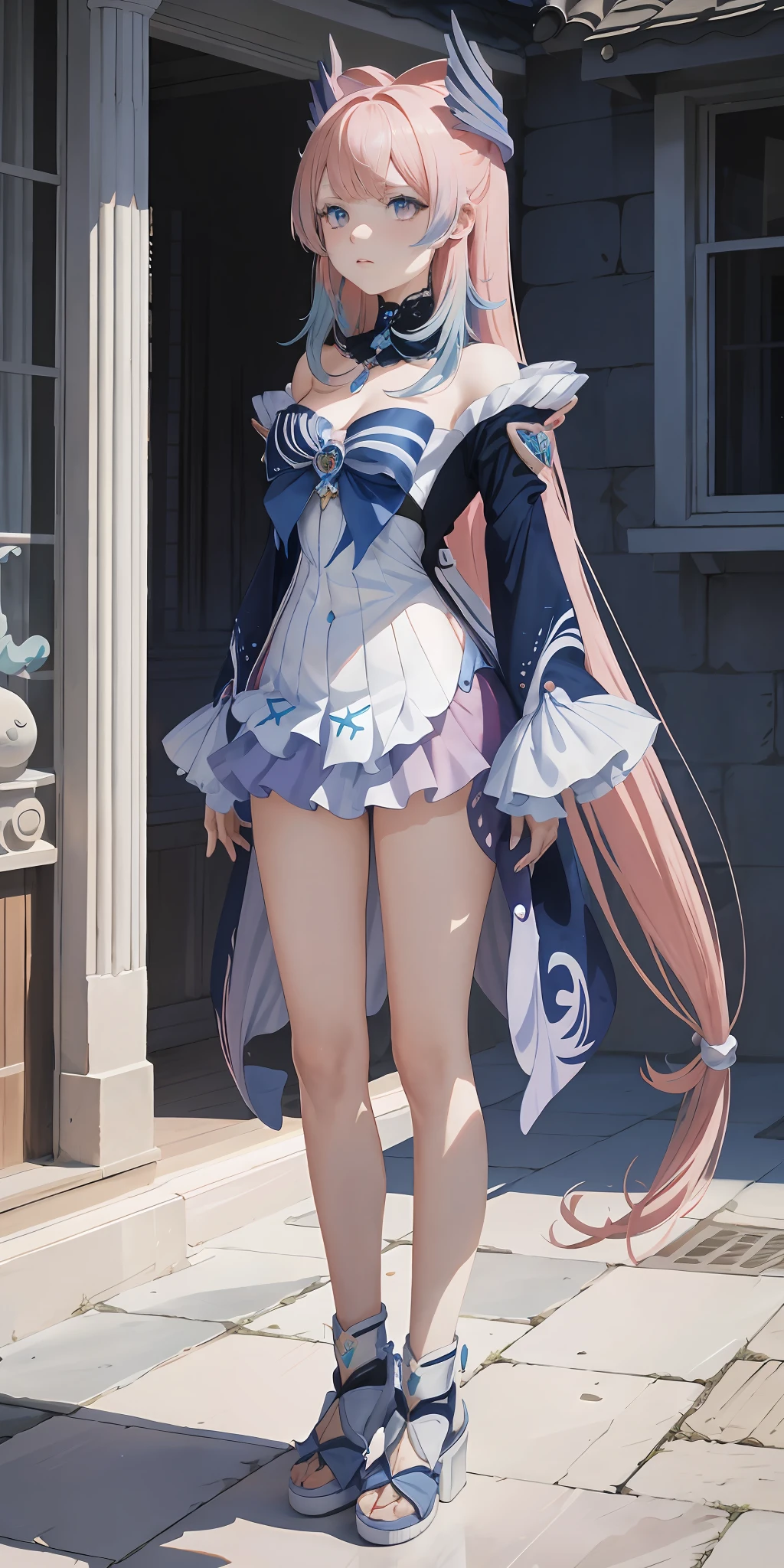 (HighestQuali,tmasterpiece,A masterpice),1girll, Full body like,Pink hair, long whitr hair,Blue hair ends dyed,Disdainful expression, photorealestic, side-lighting, the wallpaper, dyna,Coral Palace Heart Sea