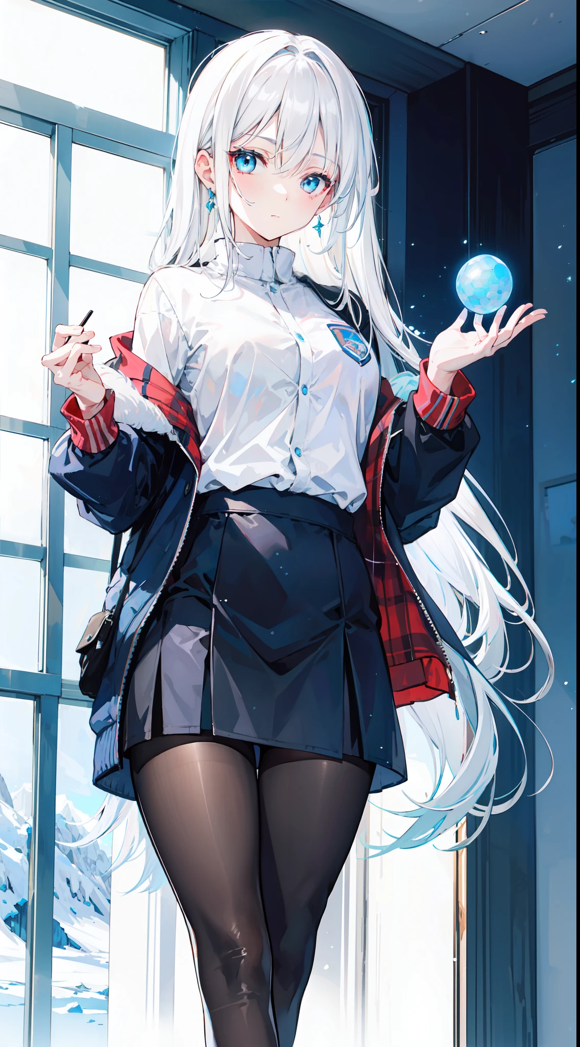"Calm afternoon in fantasy greenland, there is a beautiful long white-haired mature female with beautiful blue eyes, she stand elegantly holding a light-sphere and she wears white school jacket. She looks very calm and mature"