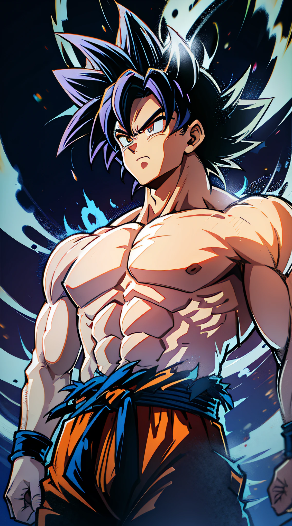 Son goku super sayajin looking up, serious face. aura of power. Muscles. soft light. digital art. traces of 90's anime. Torn clothes. Face defined