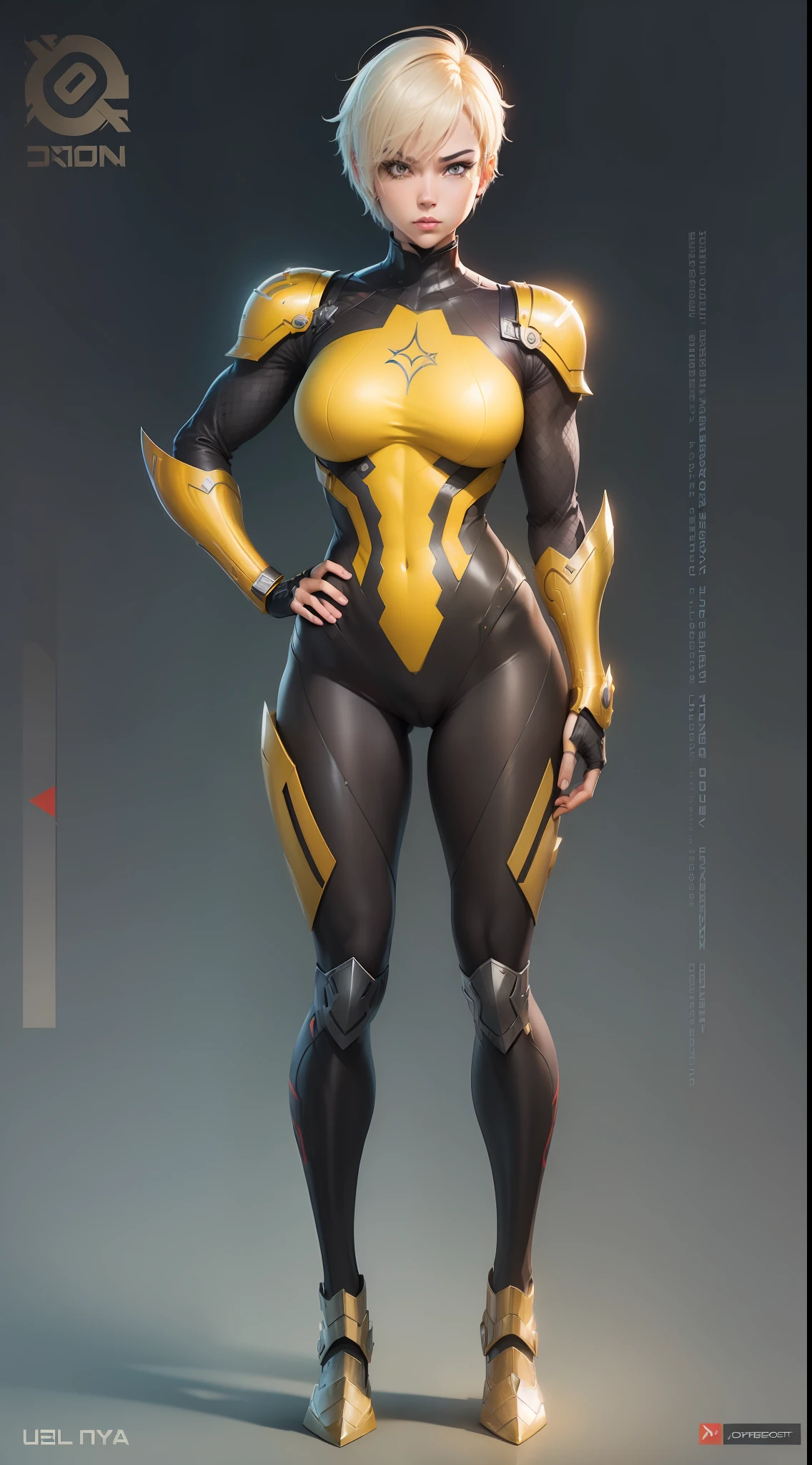 ((((Webtoon style)))), ((((Character description)))) girl in steel armor ultra futuristic, short yelow hair, Russian, full body, casual pose], [Ultra mega hyper ripped muscles]