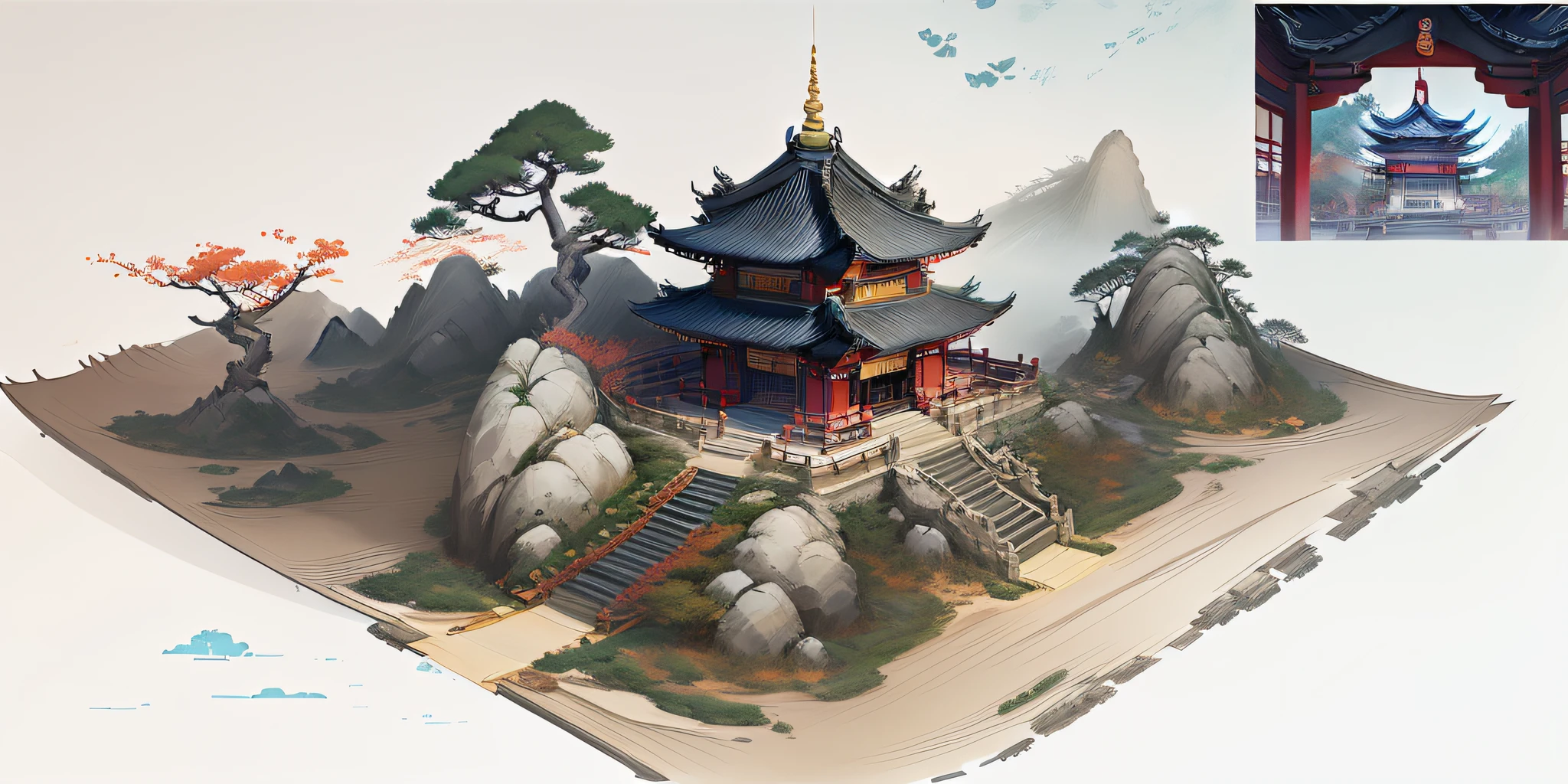 There is a photo of a small Asian building on a hill, digital painting of a pagoda, traditional japanese concept art, Onmyoji detailed art, Chinese watercolor style, G Liulian art style, painted as a game concept art, by Yang J, environment design illustration, Chinese painting style, A beautiful artwork illustration, concept art style, Zen temple background