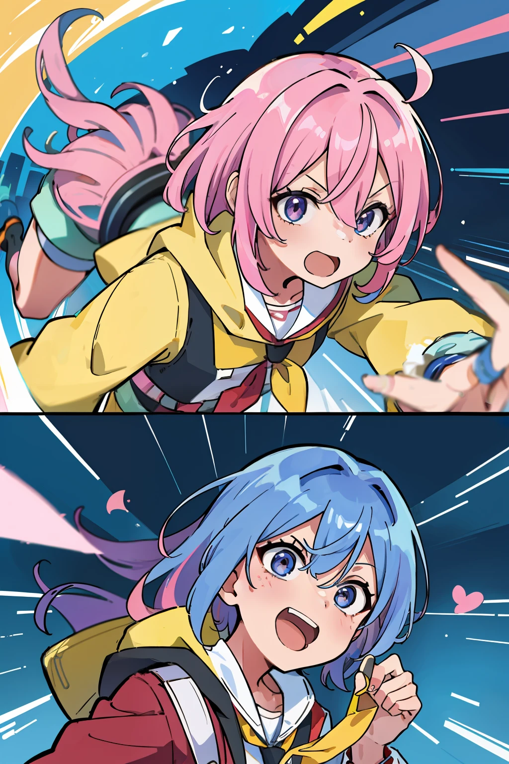 ((extremelydetailedCG)),((8K_Wallpaper)),(((masutepiece))),((top-quality)), ((Couple in love)),  1male people, 1womanl, Each of them has its characteristic movements and powers, Such as {move_1}, {move_2}, And {move_3}. Big rides,Scenes in a playful and dynamic environment {The setting}, With vivid colors and exaggerated expressions. While maintaining overall uniformity、Incorporate elements from each anime world、school  background