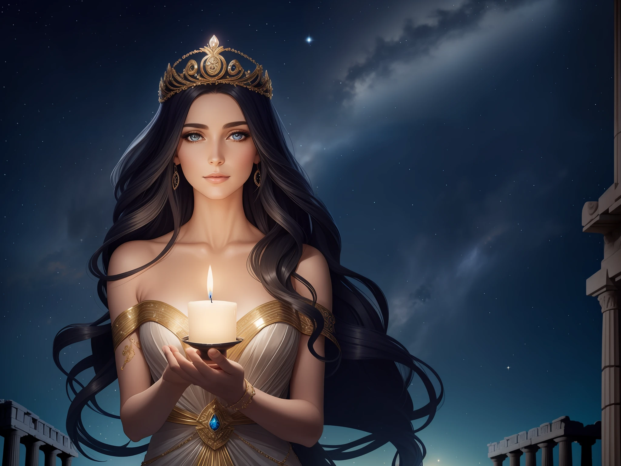 Nix, the Greek goddess of the night, like a beautiful woman of 40 years old. She has a slender and elegant figure, crowned by long, wavy black hair that falls softly to her shoulders.  Her face is enigmatic and beautiful, with deep and mysterious eyes that reflect the vastness of the cosmos.  She wears a dark, flowing dress that resembles a starry sky, adorned with shimmering constellations that seem to come alive with every step she takes.  Her hands are adorned with delicate silver bracelets that subtly shimmer.  She finds herself in an ancient Greek temple, where the gloom and flickering candlelight create a magical and enchanting atmosphere, showing her power over the night.