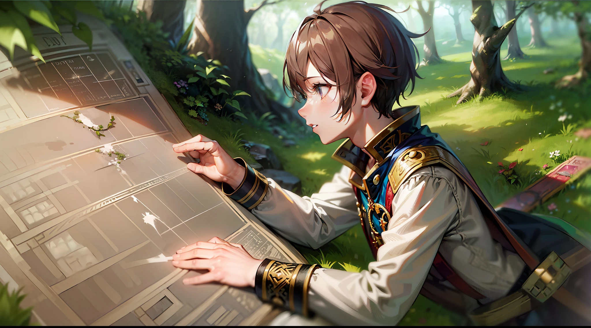 "The image depicts Aiden, the courageous young adventurer, stumbling upon the ancient map in the enchanting forests of Alveria. Sunlight filters through the foliage, illuminating the moment of discovery. The weathered map lies on a moss-covered stone, its intricate markings hinting at the hidden treasure and the Heart of Harmony."