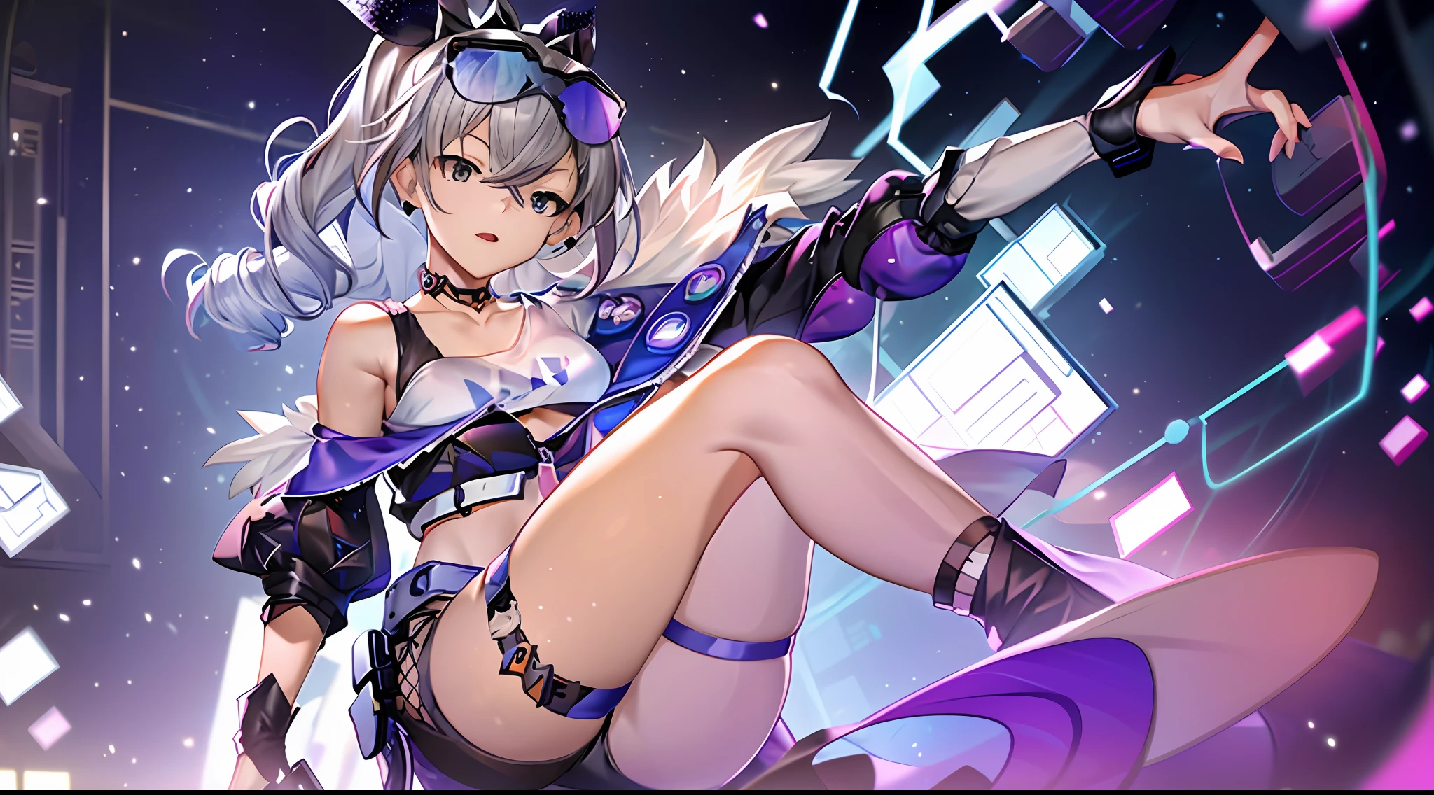 Best quality, tmasterpiece, illustration, An extremely deciple and beautiful, Extremely detailed ,CG, unity, 8k wallpaper,Amazing,finely detail , master, Best quality,Art officiel, Highly detailed 8k unit CG wallpaper, ridiculiser, incroyablement ridiculiser, Ultra detailed, High resolution, Very detailed, Beautifully detailed girl, very detailed eyes and face, beautiful detailed eyes, light on the face, 1fille,Bronya Zaychik,Bronya, argent Loup, cheveux gris, Queue, yeux gris, petit poitrine, court , tir_veste, ceinture, earrings, Pointes, Regarder le public, garter straps, mineur, (nombril: 1.1), clavicule, sueur,