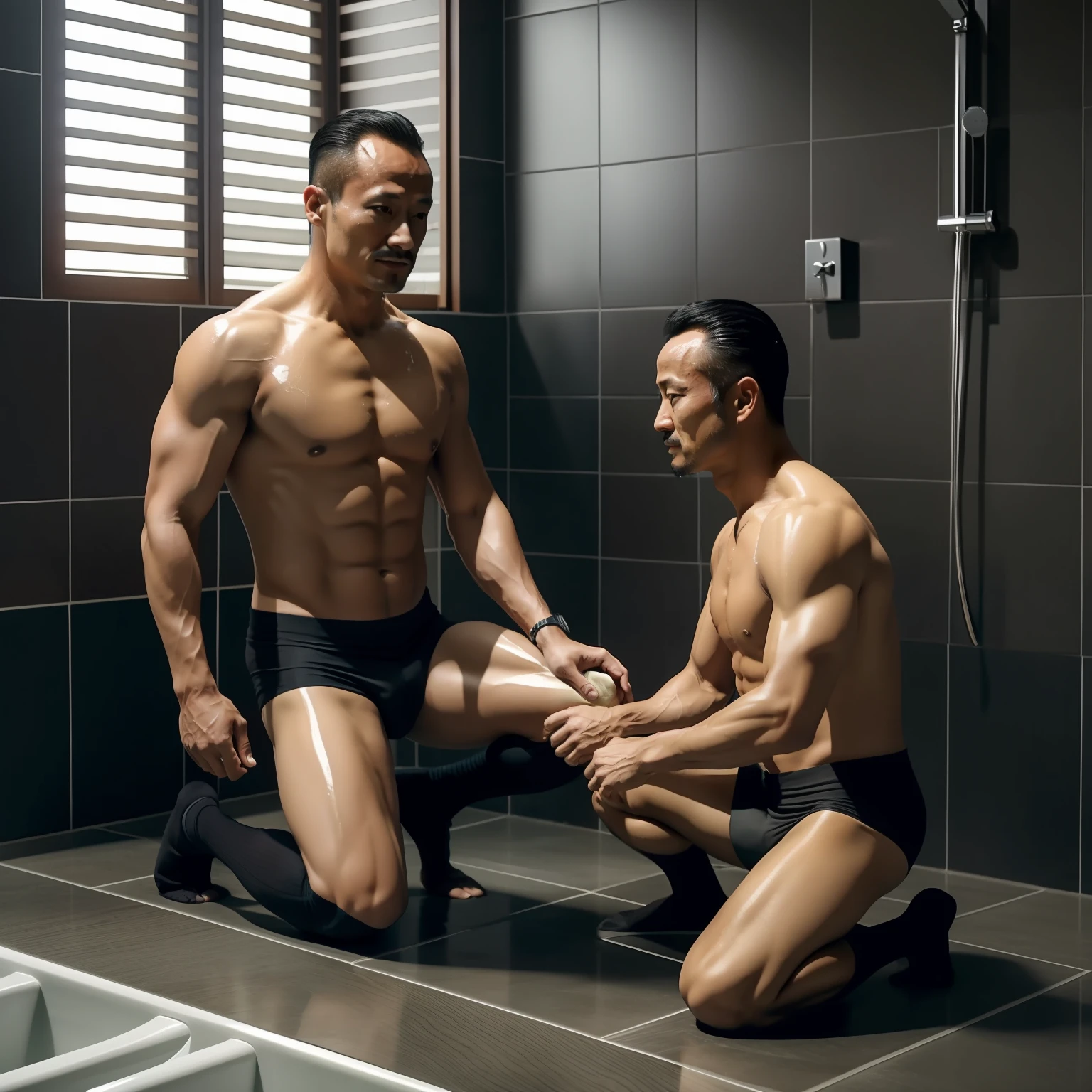 50yearsold，Hidetoshi Nakata，（Kogoro Mouri 1.2），Shirtless，Tong，Bulge，浴室，taking a shower，black long socks，Thin，musculature，lbeard，fortitude，artwork of a，tmasterpiece，k hd，ssmile，wearing a tights，Two people kneeling