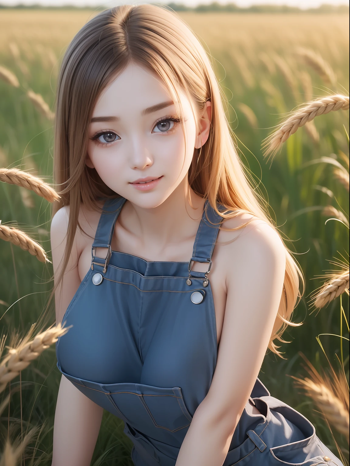masuter piece, best qualtiy, (realisitic, Photorealsitic:1.37), ((独奏)), 8K image quality, Extremely delicate and beautiful, splendid, Official art with attention to detail, Ridiculous, Unbelievably ridiculous, huge filesize, ultra-detailliert, ighly detailed, (Cute little girl s), (detailed girl), extremely detailed eye and face, Beautiful detailed eyes, Light makeup,, (Slender and perfect female figure), large full breasts, Slim waist, big butts, (Korean  beauty), ((fullllbody)), ((Put the head in the frame)), ((Overalls clothing)), Wheat field, kindly smile