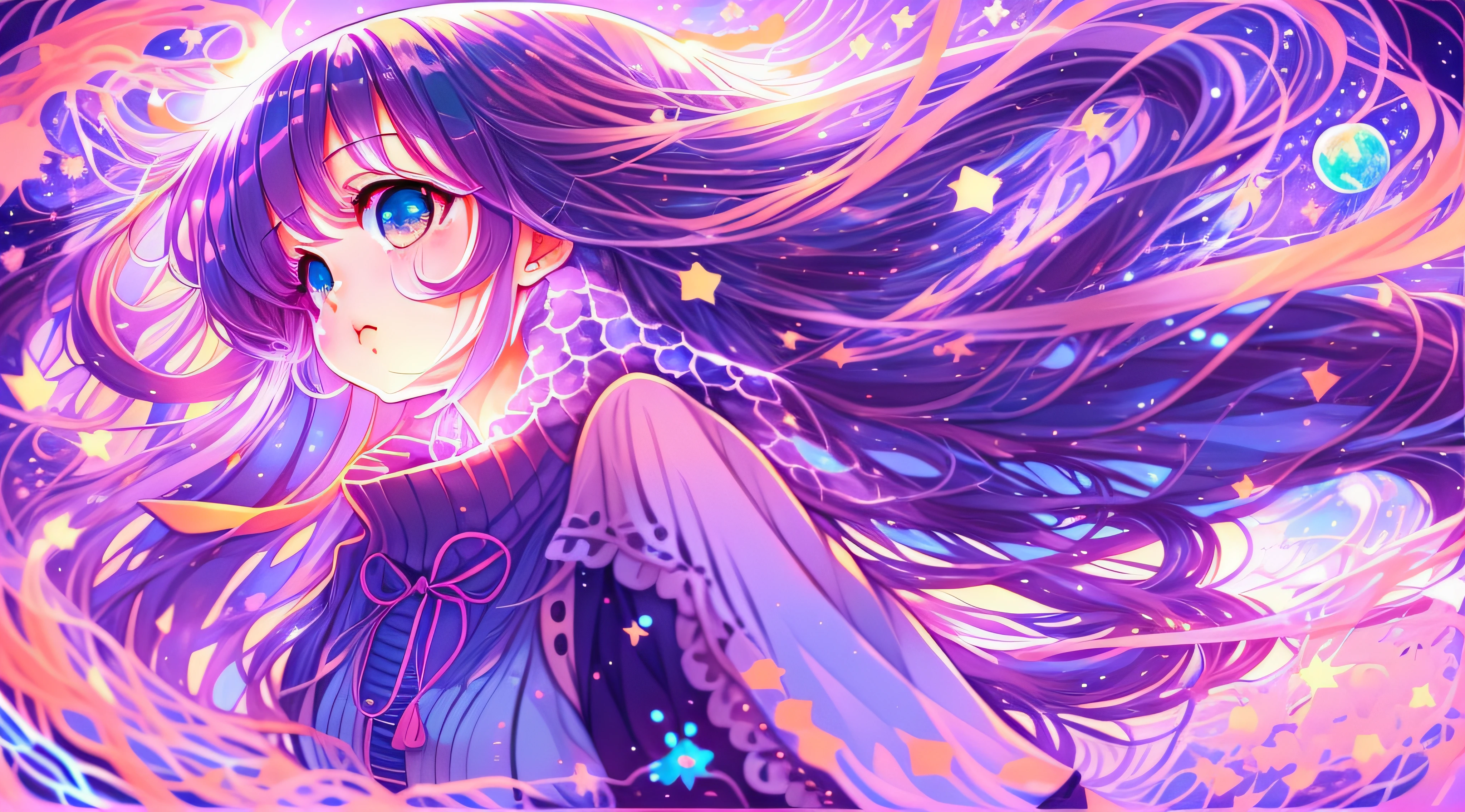 Anime girl with long hair and blue eyes wavy, anime girl with cosmic hair, Digital art on Pixiv, A beautiful artwork illustration, Cute detailed digital art, Beautiful anime artwork, Anime fantasy illustration, Detailed digital anime art, Soft anime illustration, pixiv contest winner, Loish et WLOP, Beautiful anime art, beautiful anime art style