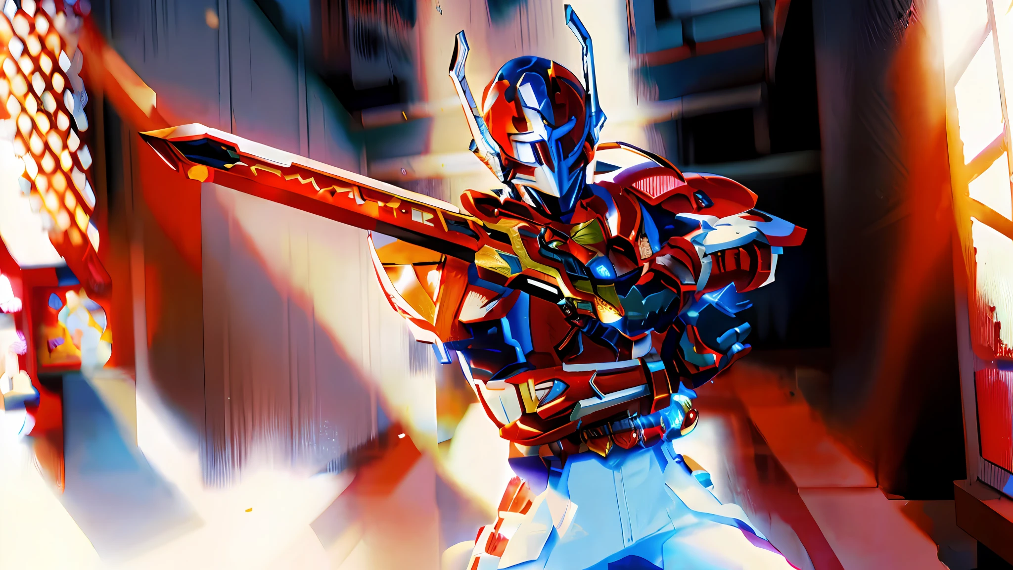 Alphad image of a man holding a sword in a red and white costume, high fantasy kamen rider, kamen rider action pose, unreal engine render saint seiya, 8 k cg render, kamen rider character, akihiko yoshida. illusory engine, White and red armor, fourze, Kamen Rider, 3d 8k octan render, 4 k octan render