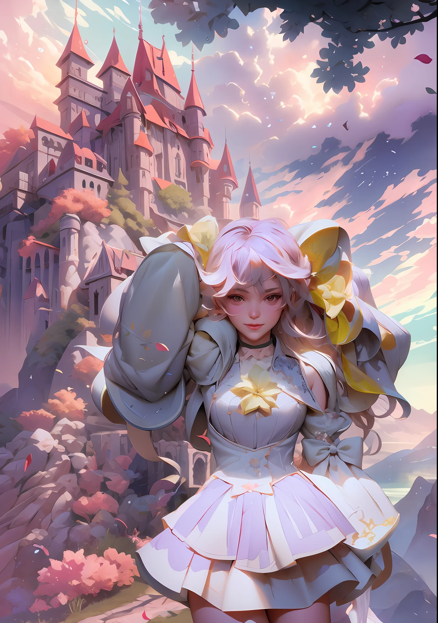 anime girl with a hat and a dress in front of a castle, cushart krenz key art feminine, anime fantasy illustration, anime fantasy artwork, fantasy art style, 2. 5 d cgi anime fantasy artwork, portrait of magical girl, high detailed official artwork, 8k high quality detailed art, vanillaware artwork, loish and wlop,a beautiful artwork illustration, detailed matte fantasy portrait, beautiful line art, great digital art with details, goddess. extremely high detail, 4k detailed digital art, stunning digital illustration, digital fantasy illustration,((Best quality)), ((masterpiece)), (detailed:1.4), 3D, an image of a beautiful female,HDR (High Dynamic Range),Ray Tracing,NVIDIA RTX,Super-Resolution,Unreal 5,Subsurface scattering,PBR Texturing,Post-processing,Anisotropic Filtering,Depth-of-field,Maximum clarity and sharpness,Multi-layered textures,Albedo and Specular maps,Surface shading,Accurate simulation of light-material interaction,Perfect proportions,Octane Render, Two-tone lighting,Wide aperture,Low ISO,White balance,Rule of thirds,8K RAW,subsurface scattering, best ratio of four fingers and one thumb