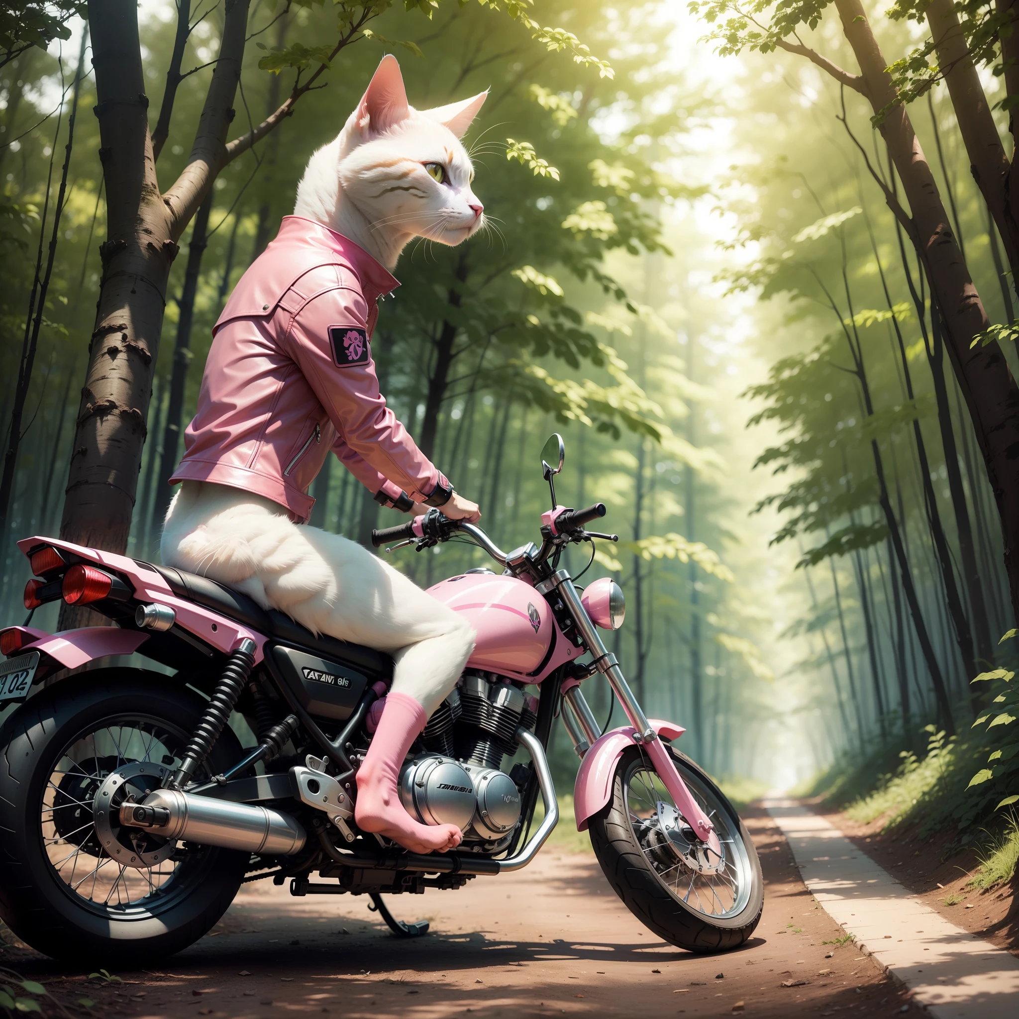A cat dressed in a beautiful pink motorcycle rides through the woods on a futuristic pink motorcycle.Realistically,