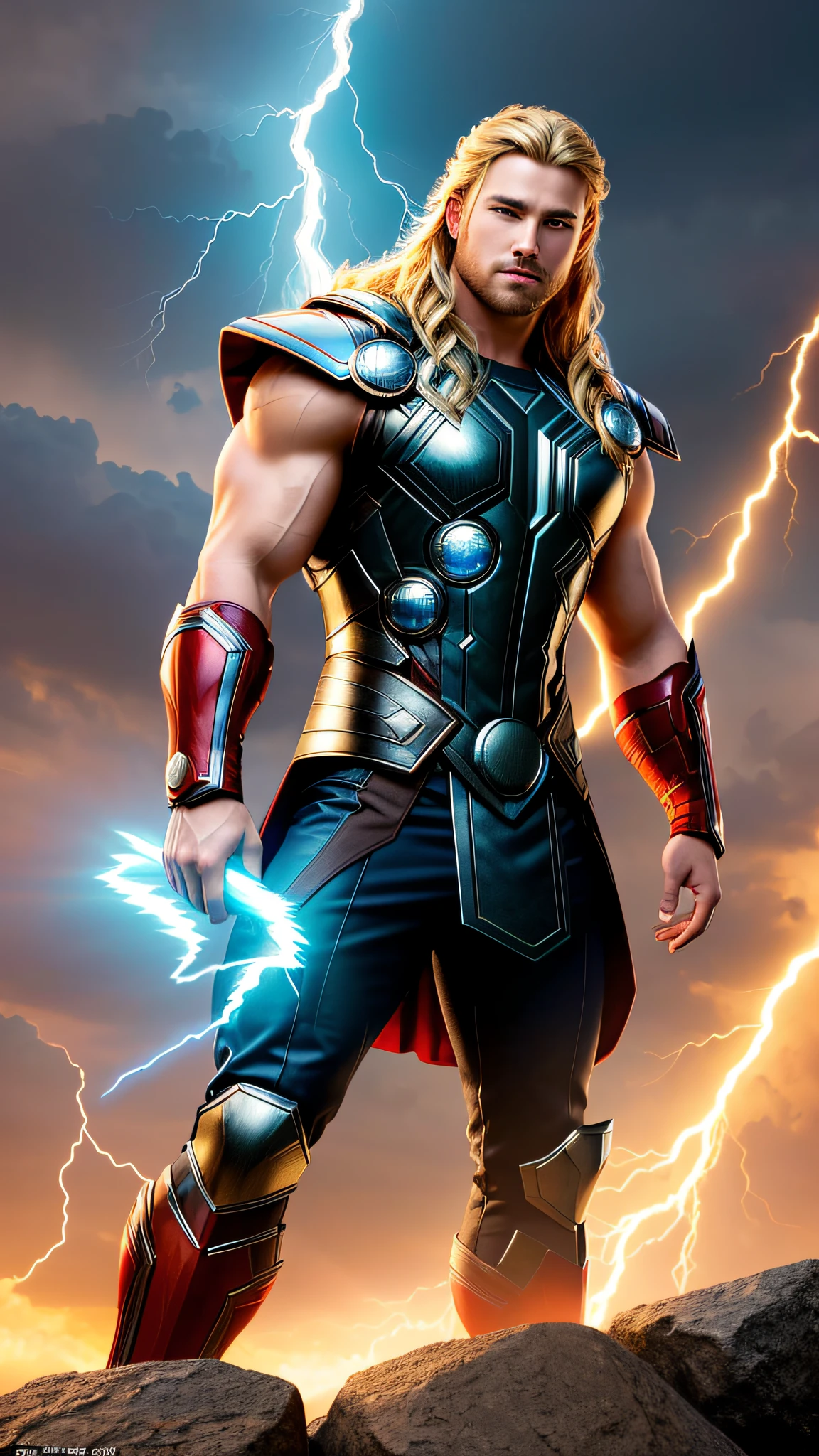 (best quality:1.33), (masterpiece:1.42), (realistic:1.24), (detailed:1.15),
Generate an image of Thor with flashy, eye-catching special effects, like energy blasts or lightning bolts, in the style of Ross Tran,
professional photoshoot, action shot, cowboy shot,