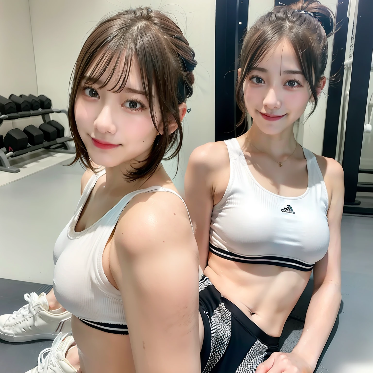 Realistic Sports Girl sports gym small tits short-hair Sports bra and panties ssmile Sneakers and short socks Wet texture、The nipple is visible