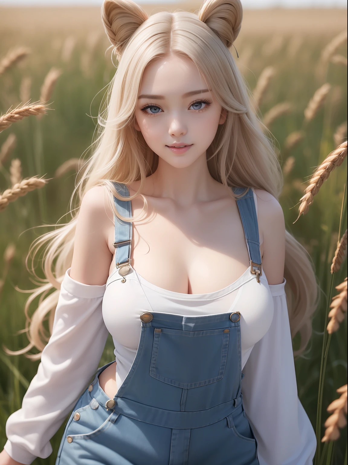masuter piece, best qualtiy, (realisitic, Photorealsitic:1.37), ((独奏)), 8K image quality, Extremely delicate and beautiful, splendid, Official art with attention to detail, Ridiculous, Unbelievably ridiculous, huge filesize, ultra-detailliert, ighly detailed, (Cute  s), (detailed girl), extremely detailed eye and face, Beautiful detailed eyes, Light makeup,, (Slender and perfect female figure), large full breasts, Slt, big butts, (Korean  be), ((fullllbody)), ((Put the head in the frame)), ((white t-shirts)), ((Overalls clothing)), Wheat field, kindly smile