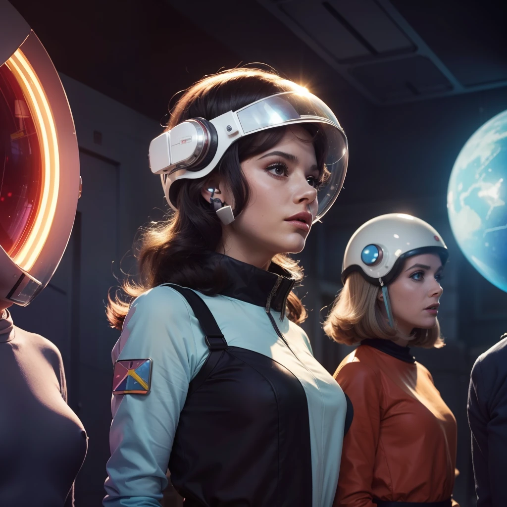 4k image from a 1960s science fiction film, Imagem do filme de Stanley kubrick, pastels colors, Students with alien accessories and a woman with a transparent glass helmet are wearing retro-futuristic fashion clothes and futuristic ornaments and technological devices on the street, Luz Natural, cinemactic, Psicodelia, retro-futurista,