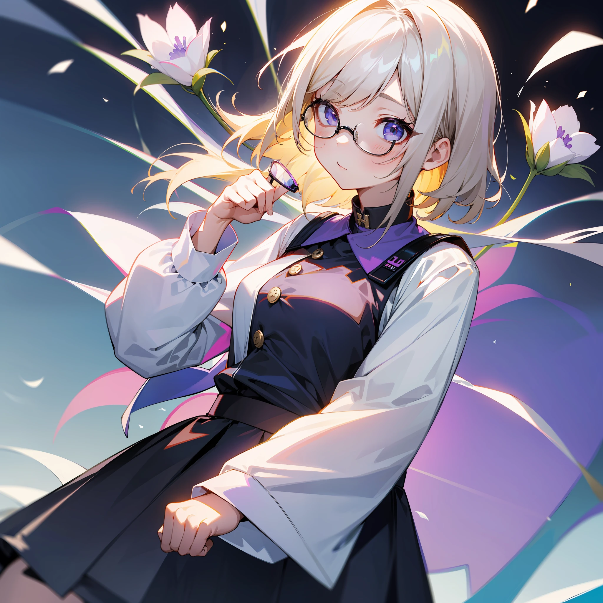best qualtiy, 超高分辨率, (真实感:1.4), 1woman, sleeveless white button shirt, a black skirt, Black collar, ((eye glass)), (Kpop idol), (aegyo sal:1), (Platinum blonde hair gray hair:1), ((puffy eye)), looking at viewert, The upper part of the body, fresh flowers，Big-breasted girl，Purple style
