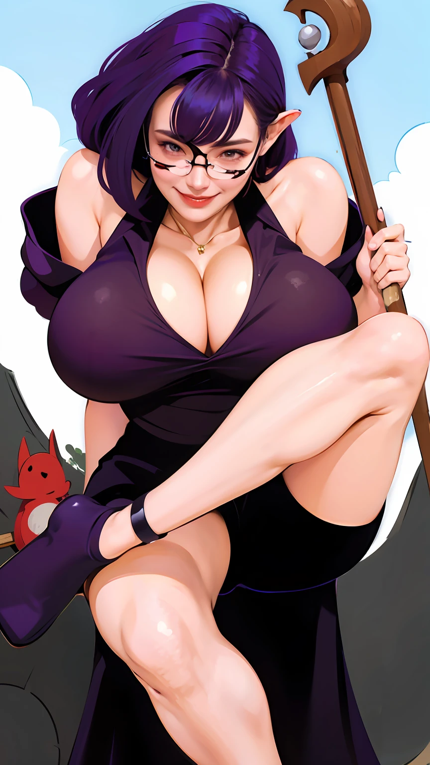 unusual very large breast, grinning pose, smile, witch woman holding a stick, shine skin