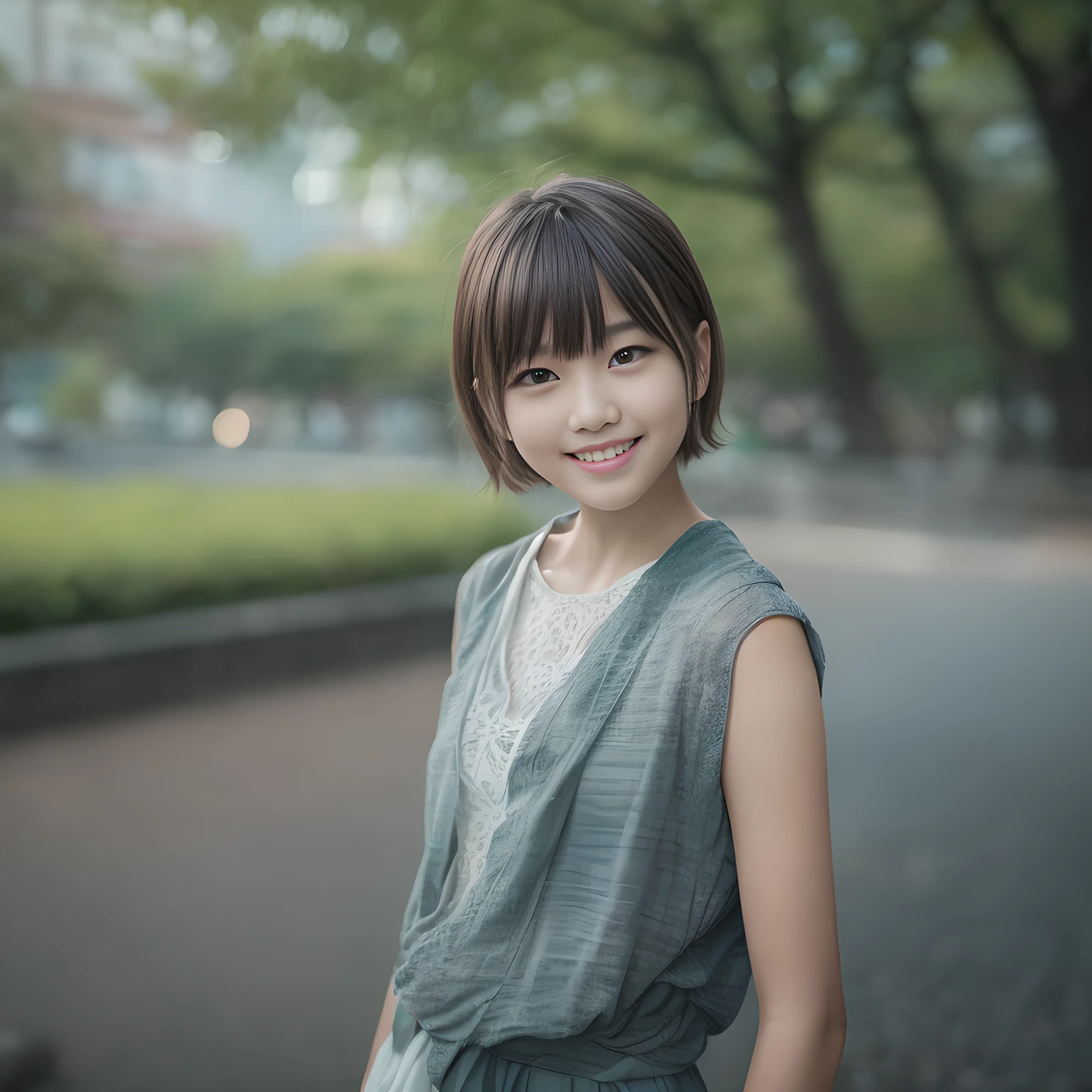 1 girl, 14 yo, black eyes, short hair, costumes, smiling, in tokyo park, (8k, RAW photo, best quality, masterpiece:1.2), High detail RAW color photo, professional photograph, (realistic, photo realistic:1.37), ((best quality)), cinematic light, (masterpiece:1.5), (best quality:1.2)