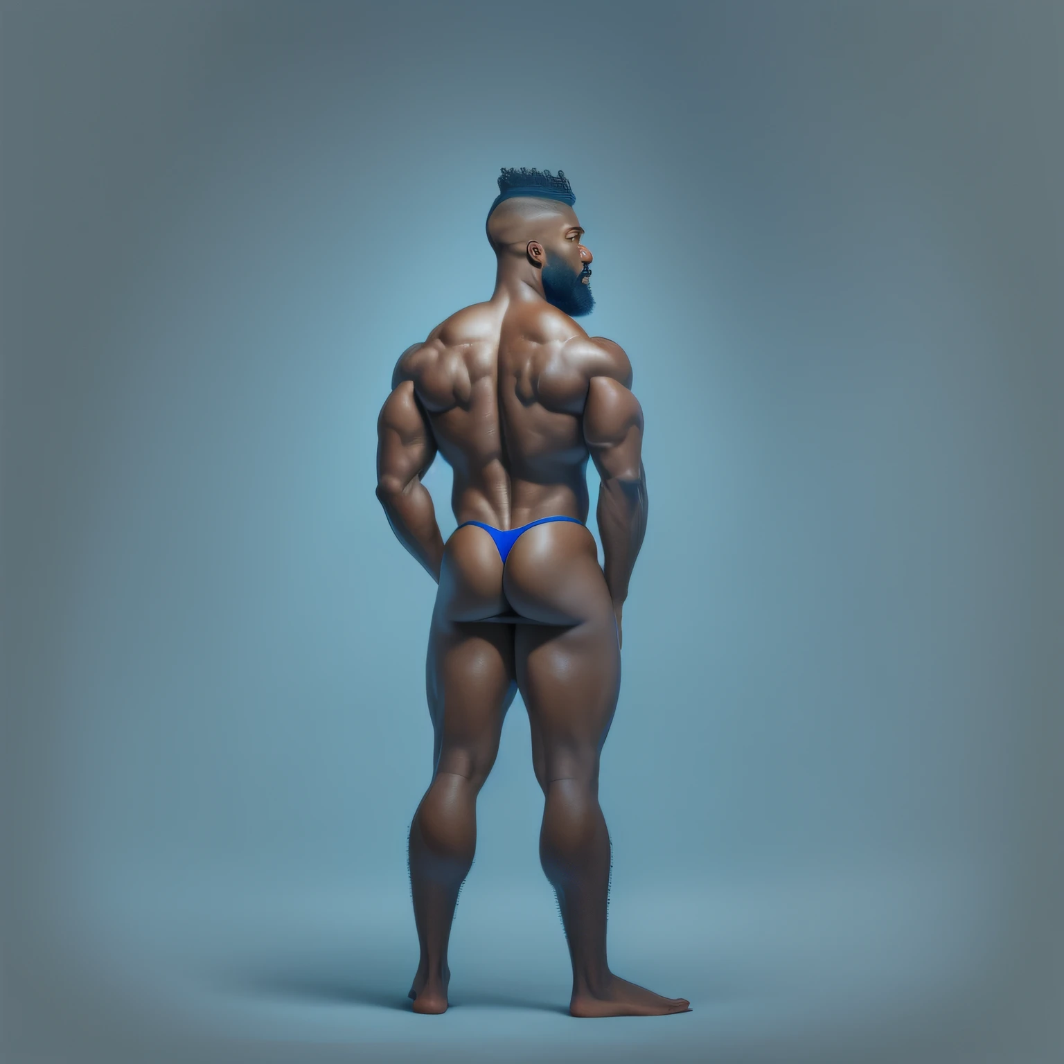 a huge muscular naked bearded black man with a tiny waist, bodybuilder wearing a blue thong, with an outrageous blue mohican haircut, standing side view at a 90 degree angle to the viewer, with hands clasped behind his back, head turned towards the viewer, full body image, seen from a low angle