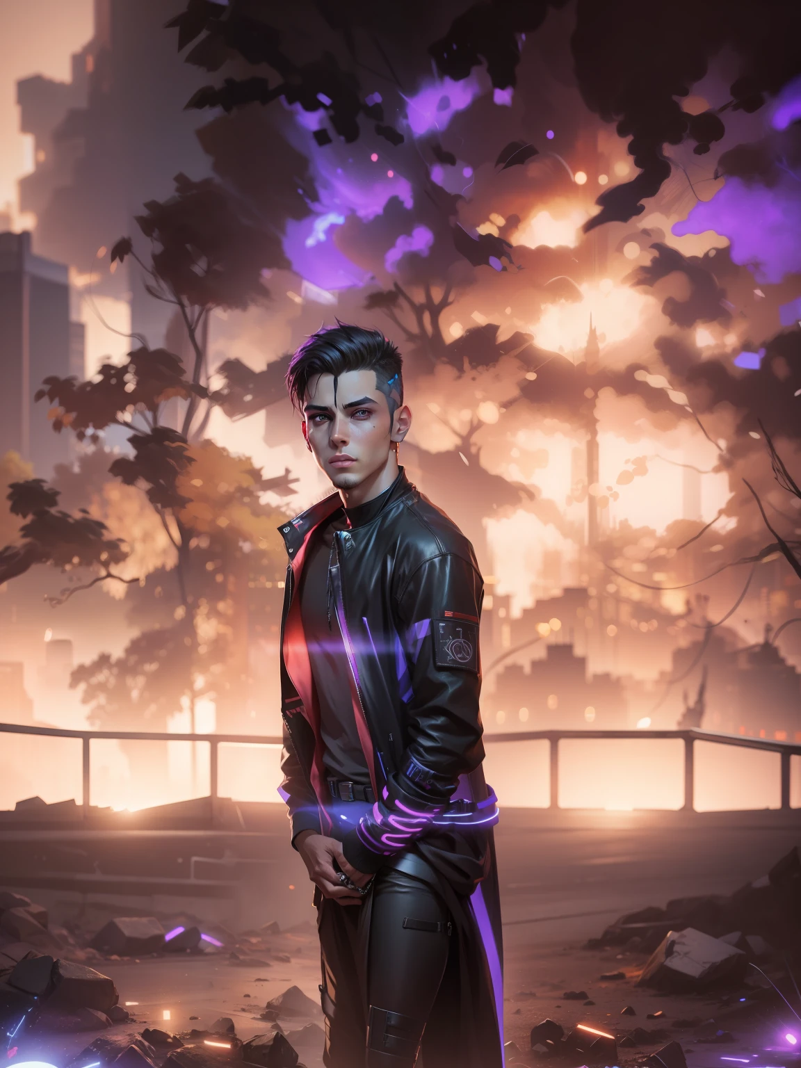 Change background cyberpunk handsome boy, realistic face, 8k, ultra realistic,