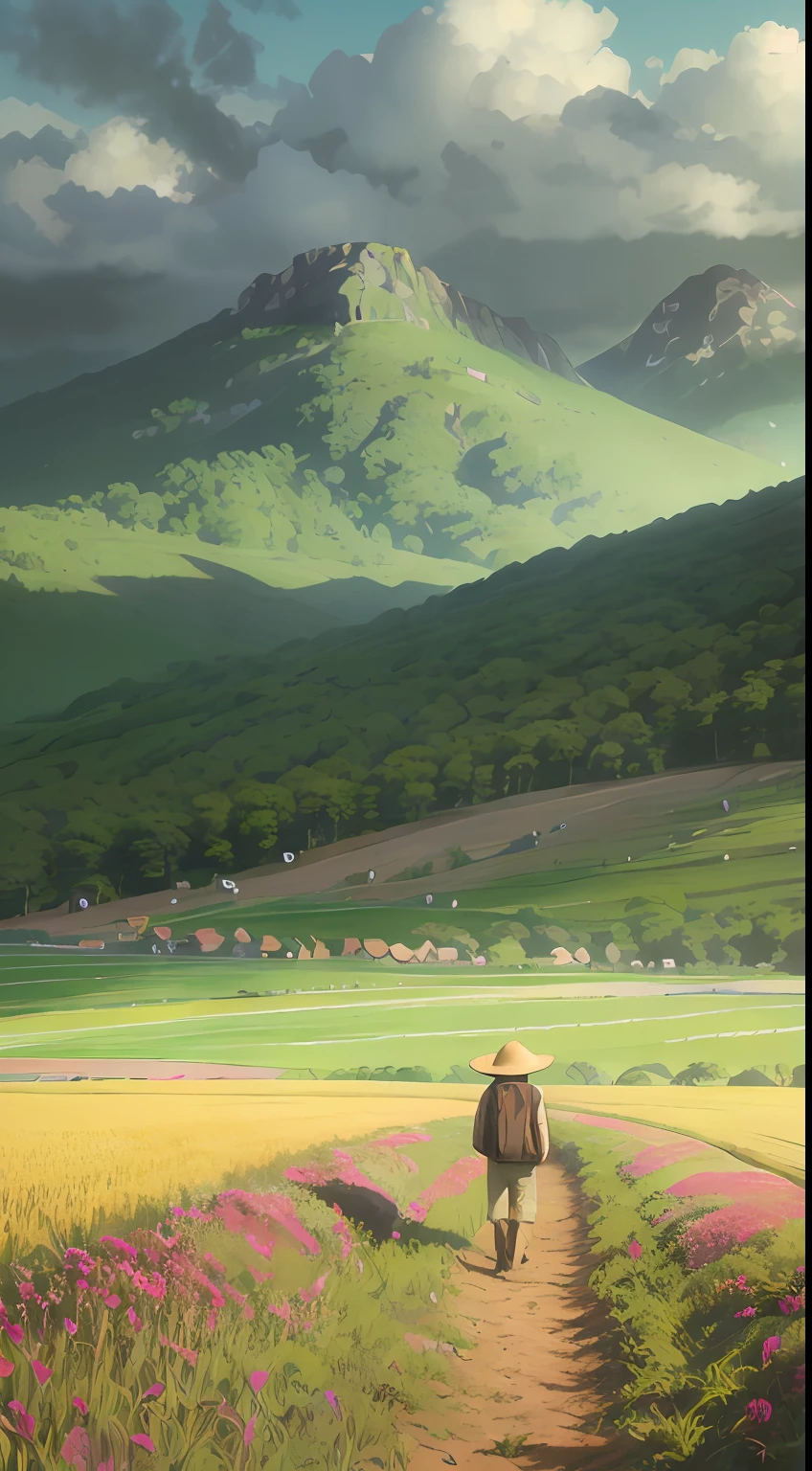 A farmer uncle with a straw hat stands in a wheat field, high detail, big clouds, blue sky, rice field, neat rice seedlings in the field, forest, hillside, secluded, rural, HD detail, hyperdetail, cinematic, surrealism, soft light, deep field focus bokeh, ray tracing and surrealism.