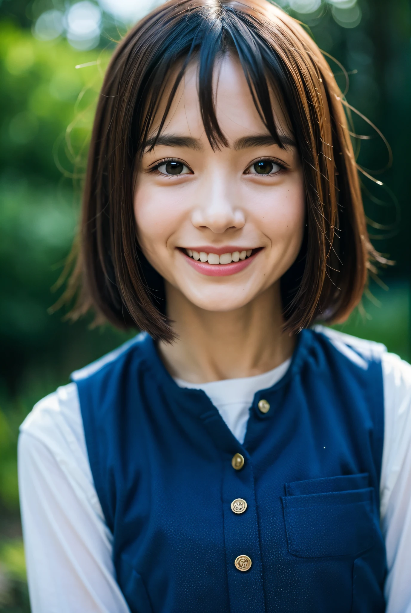 (((Medium Hair))), top-quality, 8K, nffsw, Hi-Res, absurderes:1.2, a picture, (Raw photography:1.2), (Photorealsitic:1.4), (masterpiece:1.3), (intricate detailes:1.2), 1girl in, 独奏, a japanese girl, Delicate and beautiful details, (A detailed eye), (detailed facial features), 小柄, (((tiny chest))), tonned skin, (up looking_で_viewer), from a_front, (skiny), (top-quality:1.4), (超A high resolution:1.2), cinematric light, (Extreme detailed illustration), (lipgloss、top-quality、超A high resolution、depth of fields、Caustics、Broadlighting、Natural Shading、85 mm、F / 1.4、ISO 200、1 / 160 seconds:0.75)、1girl in、独奏、(Dark blue vest)A smile、校服、a necklace、fashionable cafe:1.3、Black neat and clean clothes、Beautie