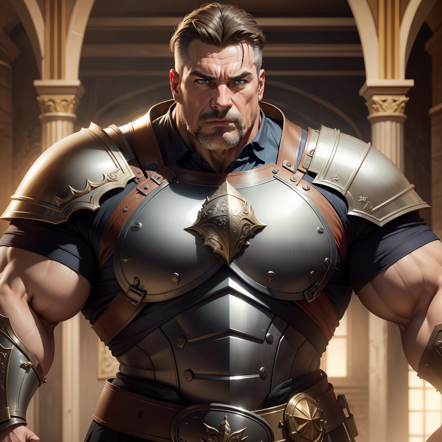 masterpiece, best quality, realistic, 1male, solo, 50-year-old, big muscle, big fat, intricately detailed face, strong man, cinematic scene, dramatic light, 8k, determined look, Intricate details, highly detailed, Sharp focus, a digital rendering, professional, 4K, art stations, Art germ, fantasy, full body, elegant, perfect face, arena, big breast, big arm, armor, knight