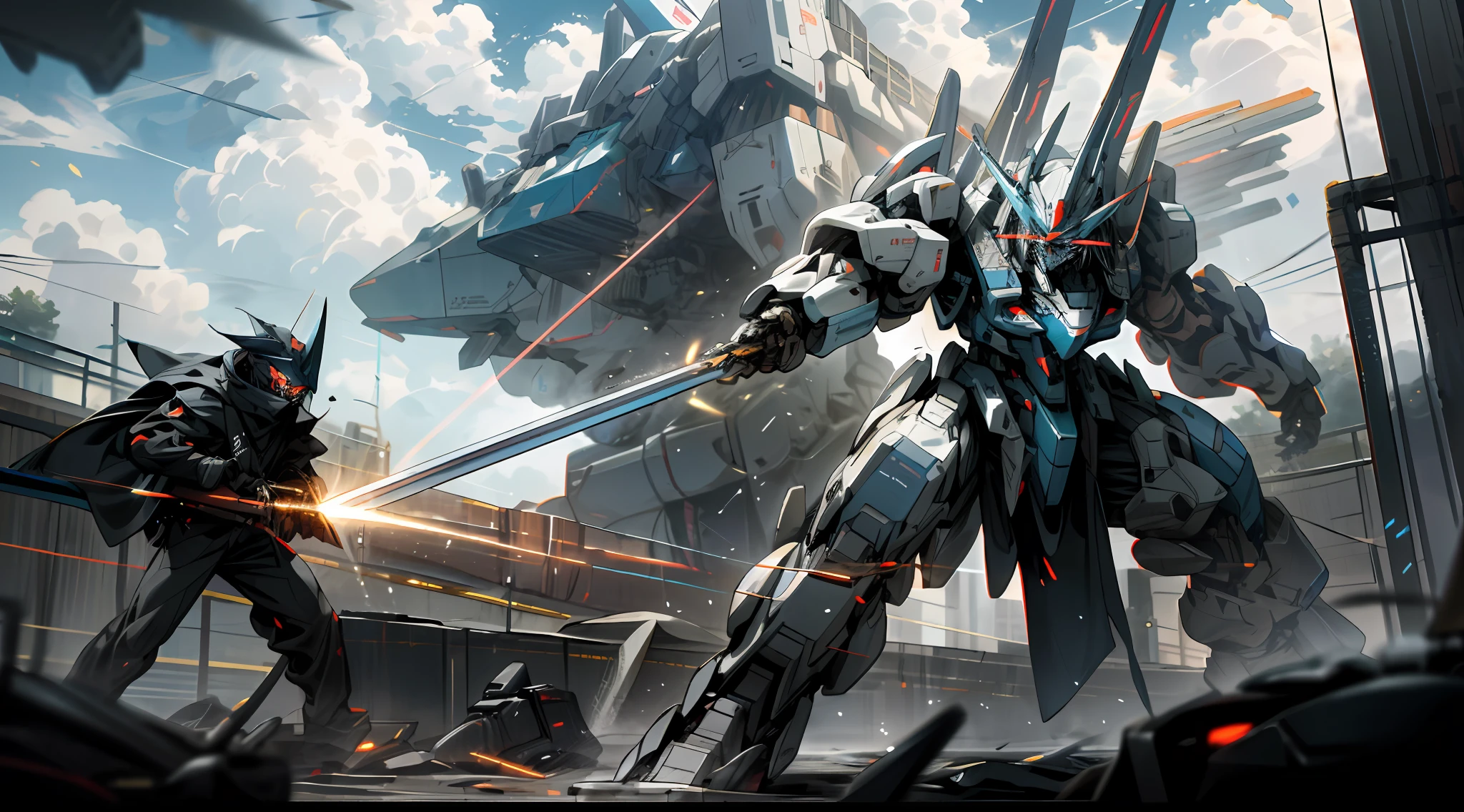 Skysky，​​clouds，Holding_arma，No_Humanity，with light glowing，combat state，combat scene，Laser cannon，Laser sword，2 robots，buliding，Glowing_Eyes，Mecha，scientific fiction，城市，Realistis，mecha