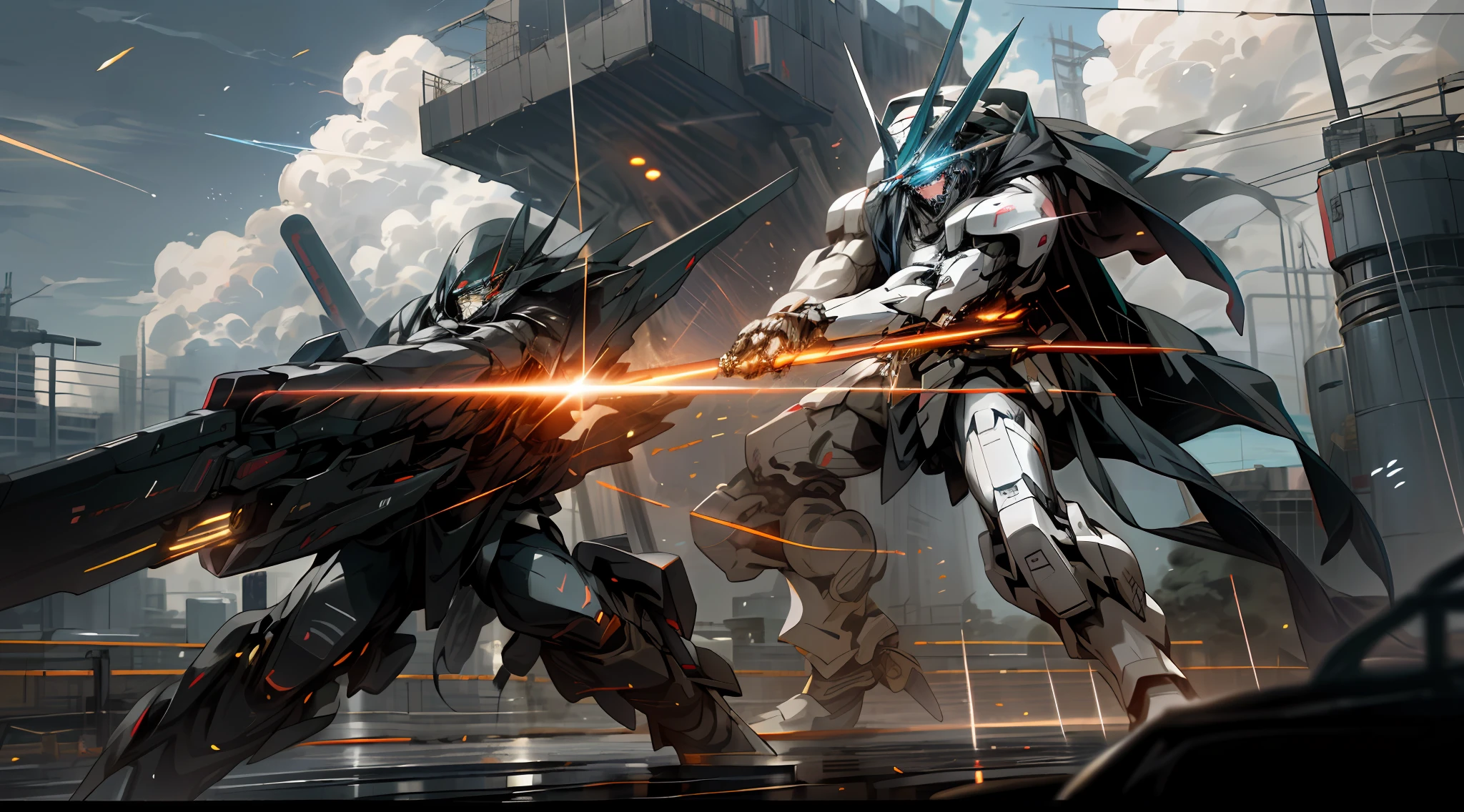 Skysky,clouds,Holding_arma,No_Humanity,with light glowing,combat state,combat scene,Laser cannon,Laser sword,2 robots,buliding,Glowing_Eyes,Mecha,scientific fiction,城市,Realistis,mecha