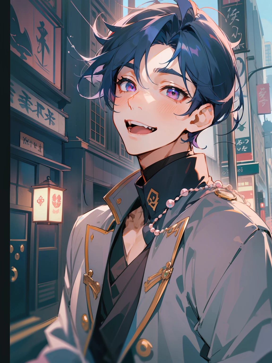 Ultra Detail,Haig Quality,sketch,1boy,matured male,Beautiful face,(Navy blue hair,Outer hair:1.3),Handsome men,Pearl skin,black tshirt,Moss Green Mod Court,Dynamic Angle,Japan Anime,Pink eyes,Laugh,Like a cat's eye,city,male in his 20s,