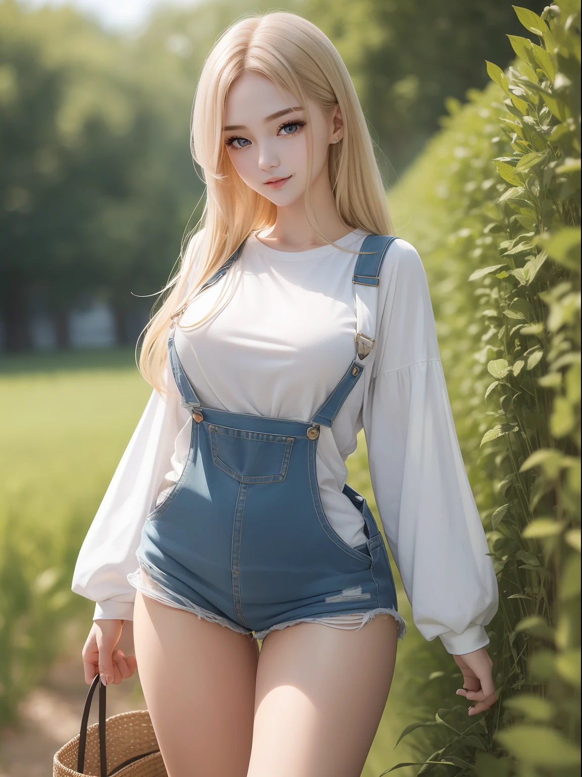 masuter piece, best qualtiy, (realisitic, Photorealsitic:1.37), ((独奏)), 8K image quality, Extremely delicate and beautiful, splendid, Official art with attention to detail, Ridiculous, Unbelievably ridiculous, huge filesize, ultra-detailliert, ighly detailed, (Cute s), (detailed girl), extremely detailed eye and face, Beautiful detailed eyes, Light makeup,, (Slender and perfect female figure), large full breasts, Slim waist, big butts, (Korean beauty), blondehair, ((fullllbody)), ((Put the head in the frame)), ((white t-shirts)), ((Overalls clothing)), Wheat field, kindly smile